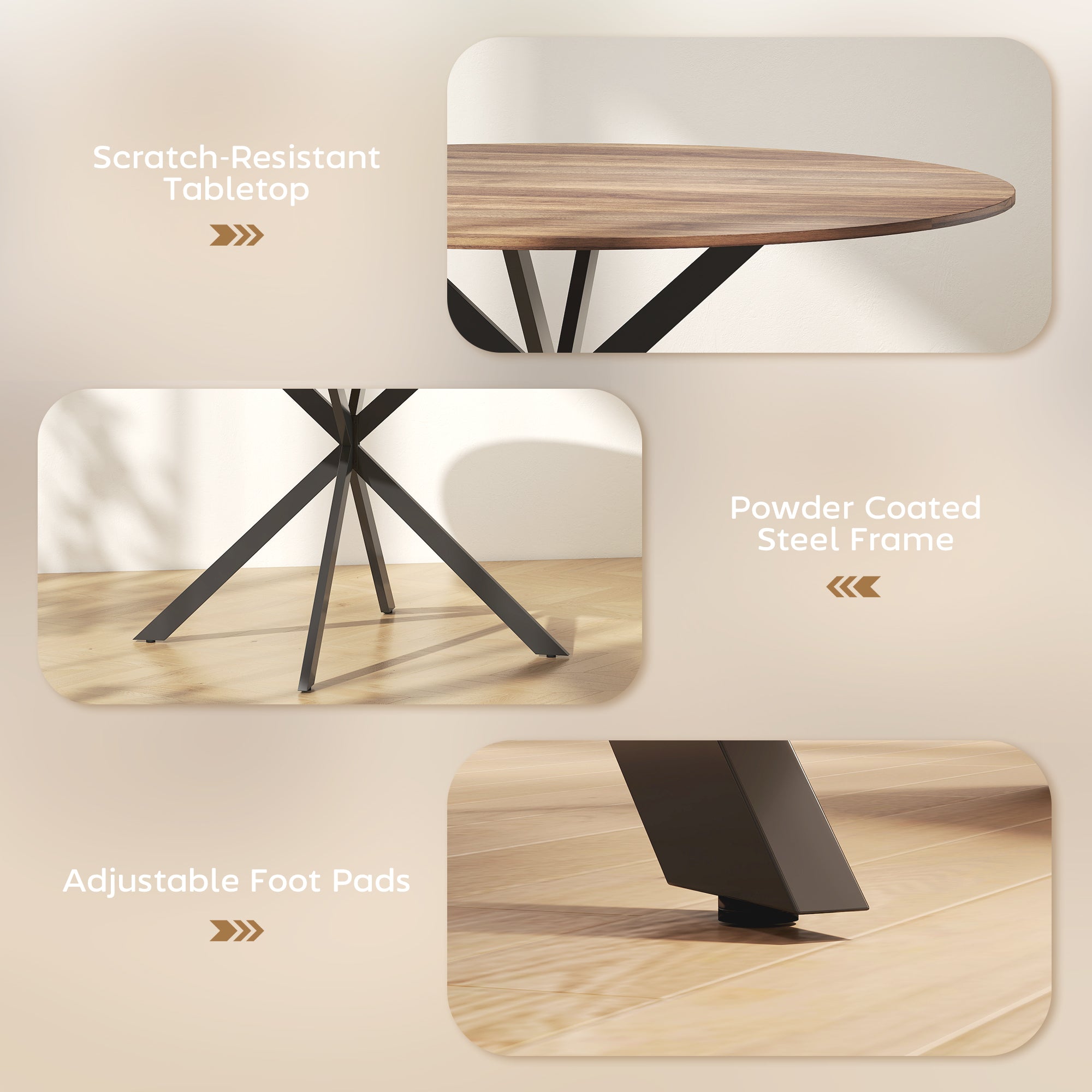 Round Dining Table for 4, 47" Industrial Kitchen Table with Steel Legs for Dining Room, Dark Brown and Black