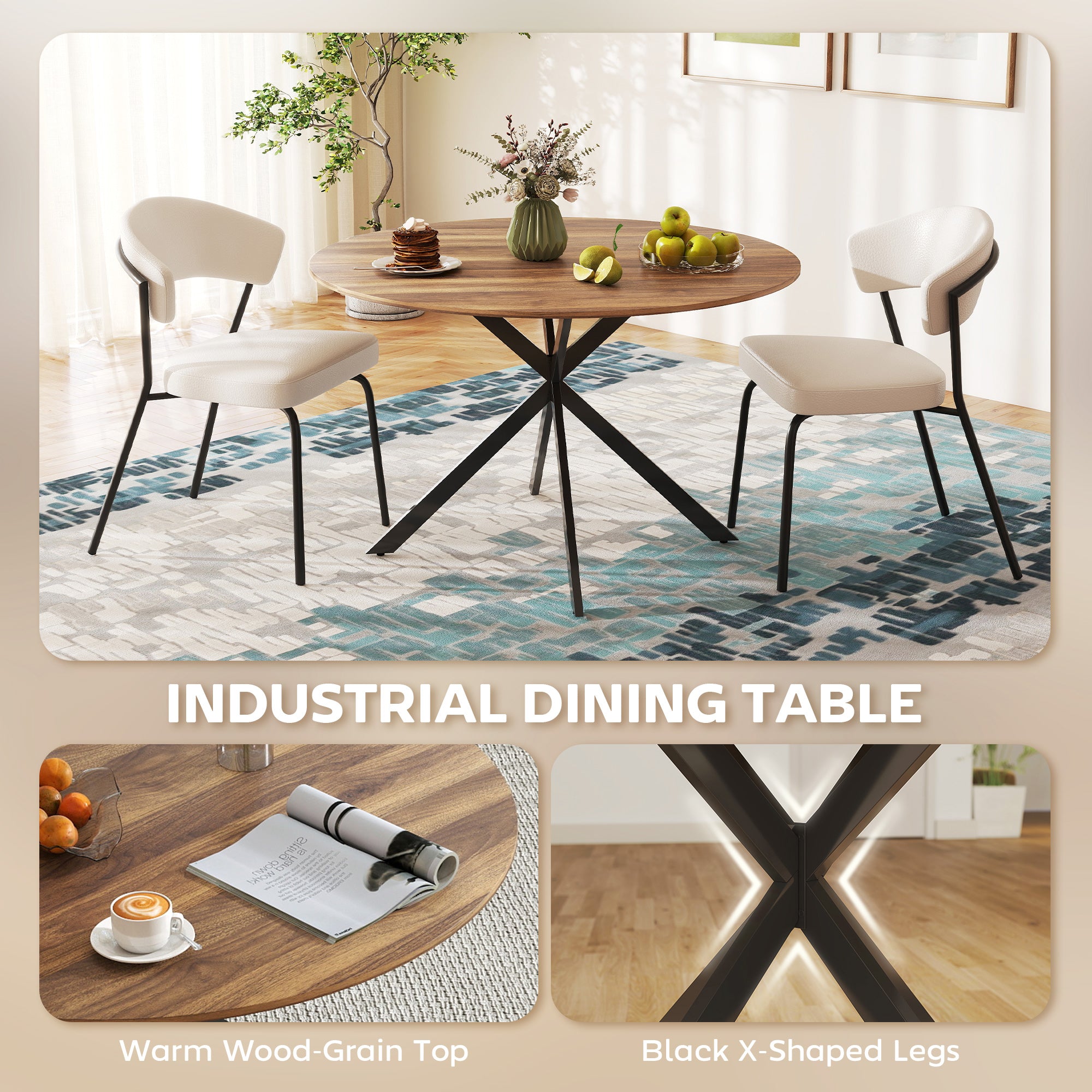 Round Dining Table for 4, 47" Industrial Kitchen Table with Steel Legs for Dining Room, Dark Brown and Black