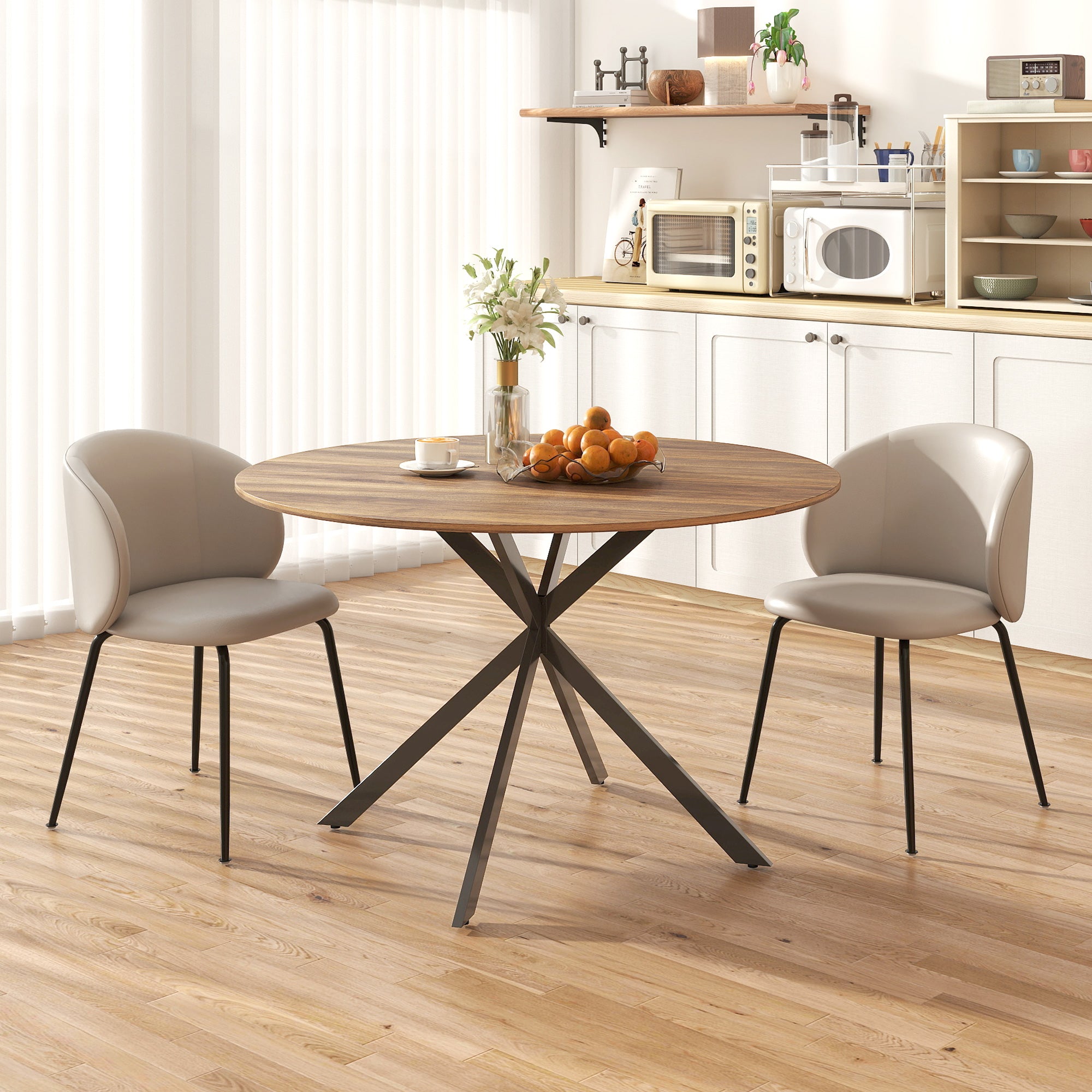 Round Dining Table for 4, 47" Industrial Kitchen Table with Steel Legs for Dining Room, Dark Brown and Black