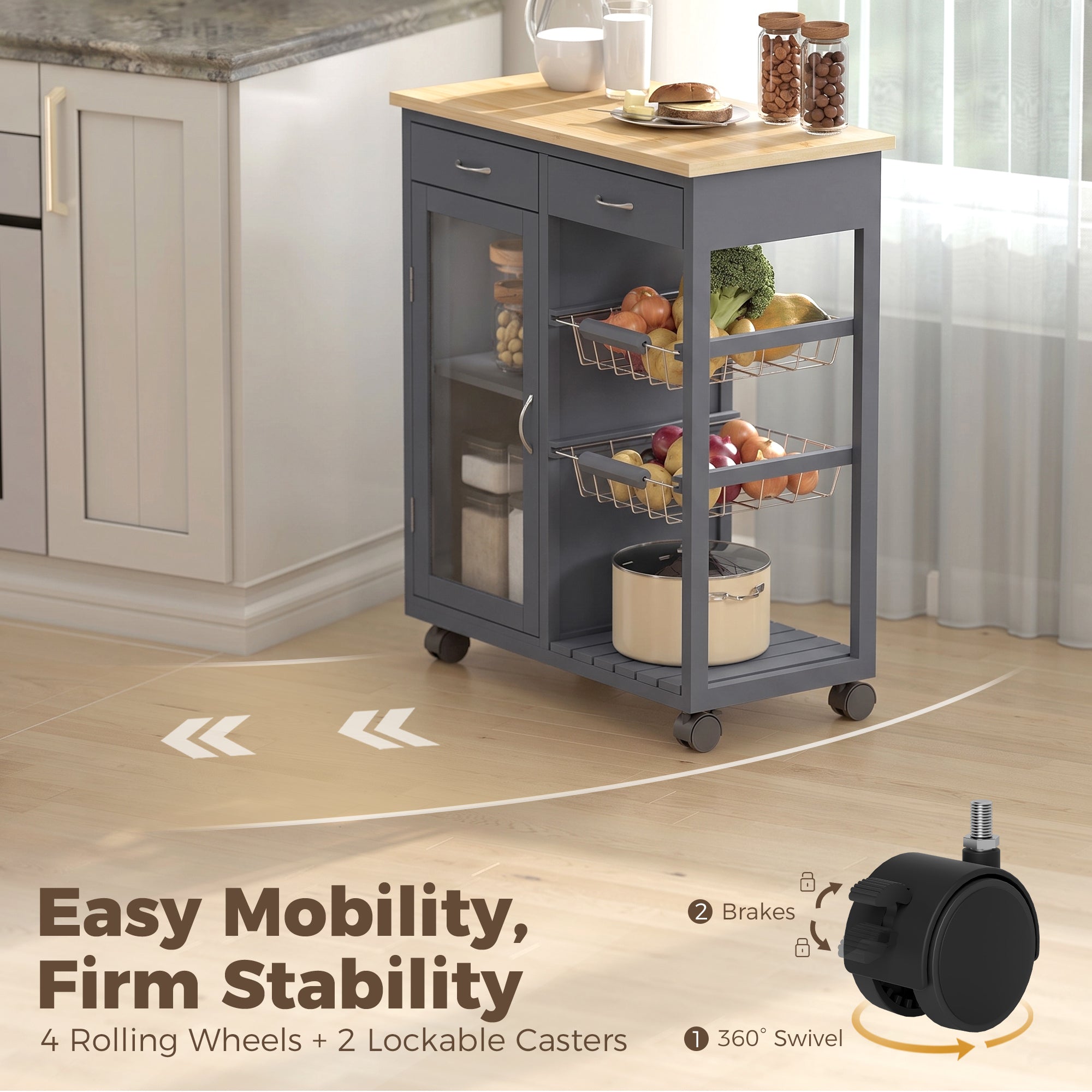Rolling Kitchen Trolley, Bamboo Kitchen Island with Glass Door, 2 Metal Wire Baskets, 2 Drawers & Adjustable Shelf, 67 x 35 x 80 cm, Grey