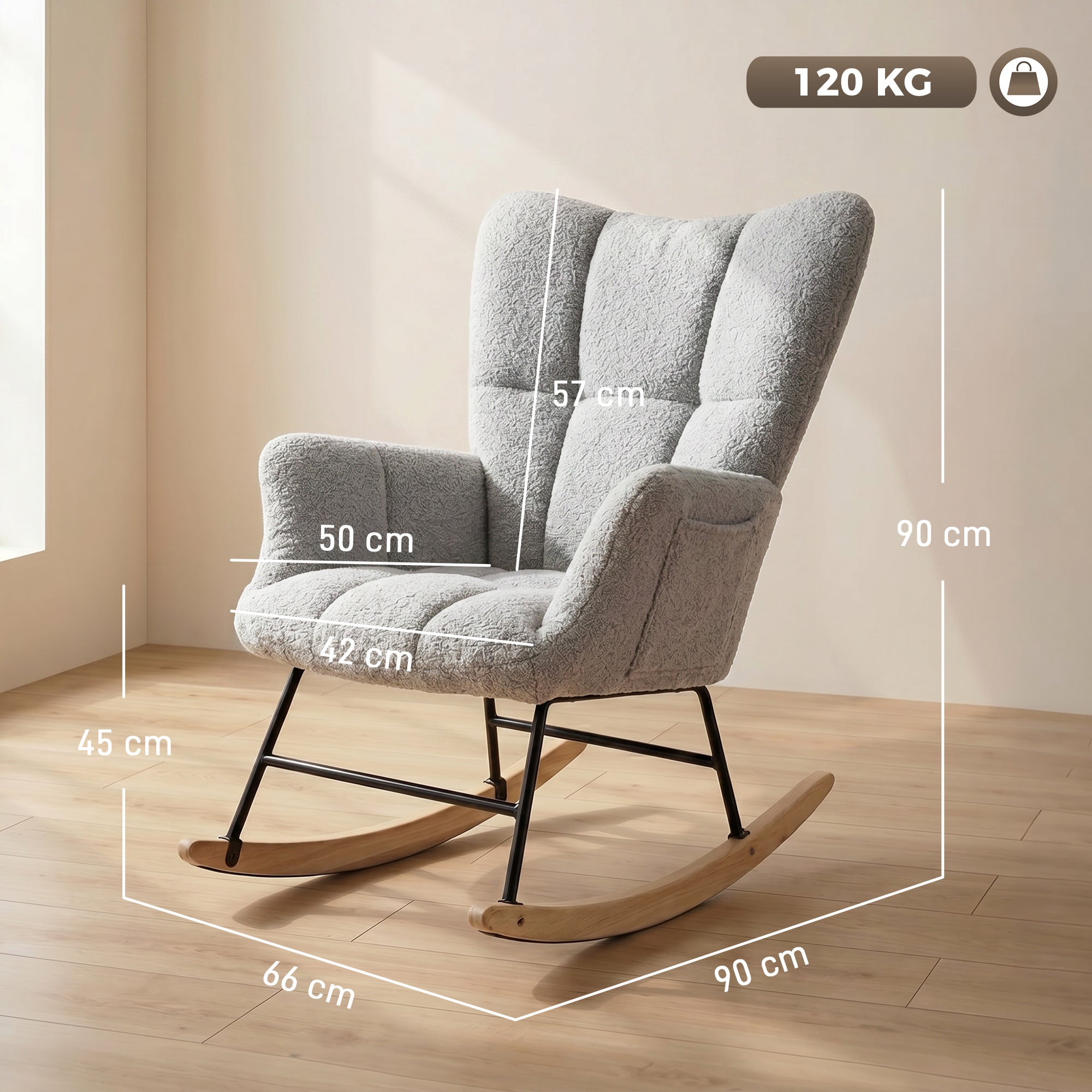 Rocking Chair with Side Pockets, Wingback Tufted Rocker Chair with Teddy Fleece Upholstered, Rubber Wood Legs for Living Room, Bedroom, Light Grey
