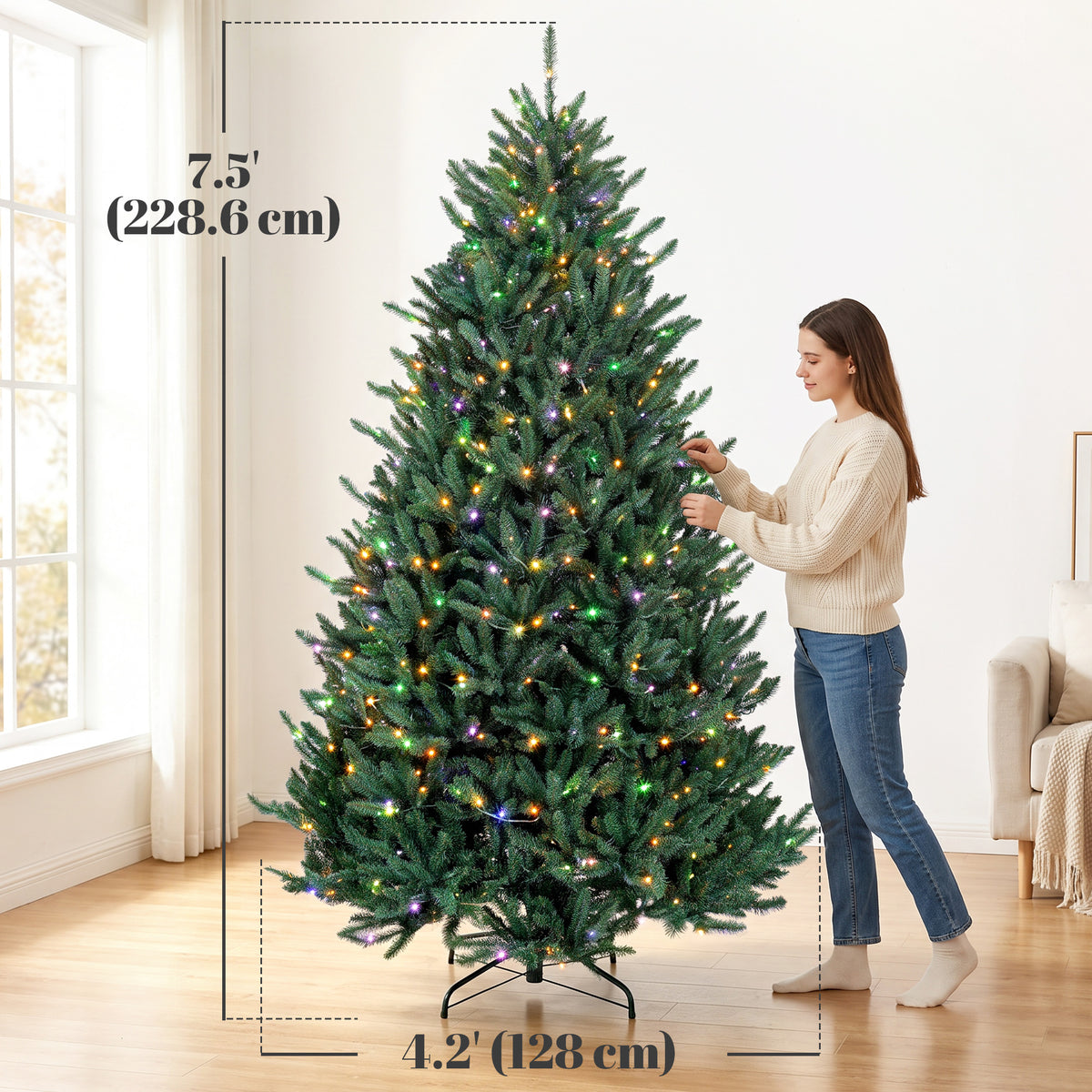 7.5ft Prelit Christmas Tree, Wide Colorado Blue Spruce, Easy Plug, Artificial Hinged Xmas Tree with 690 Warm White & Multi-Colour LED Lights, 2626 Tips for Holiday, Green