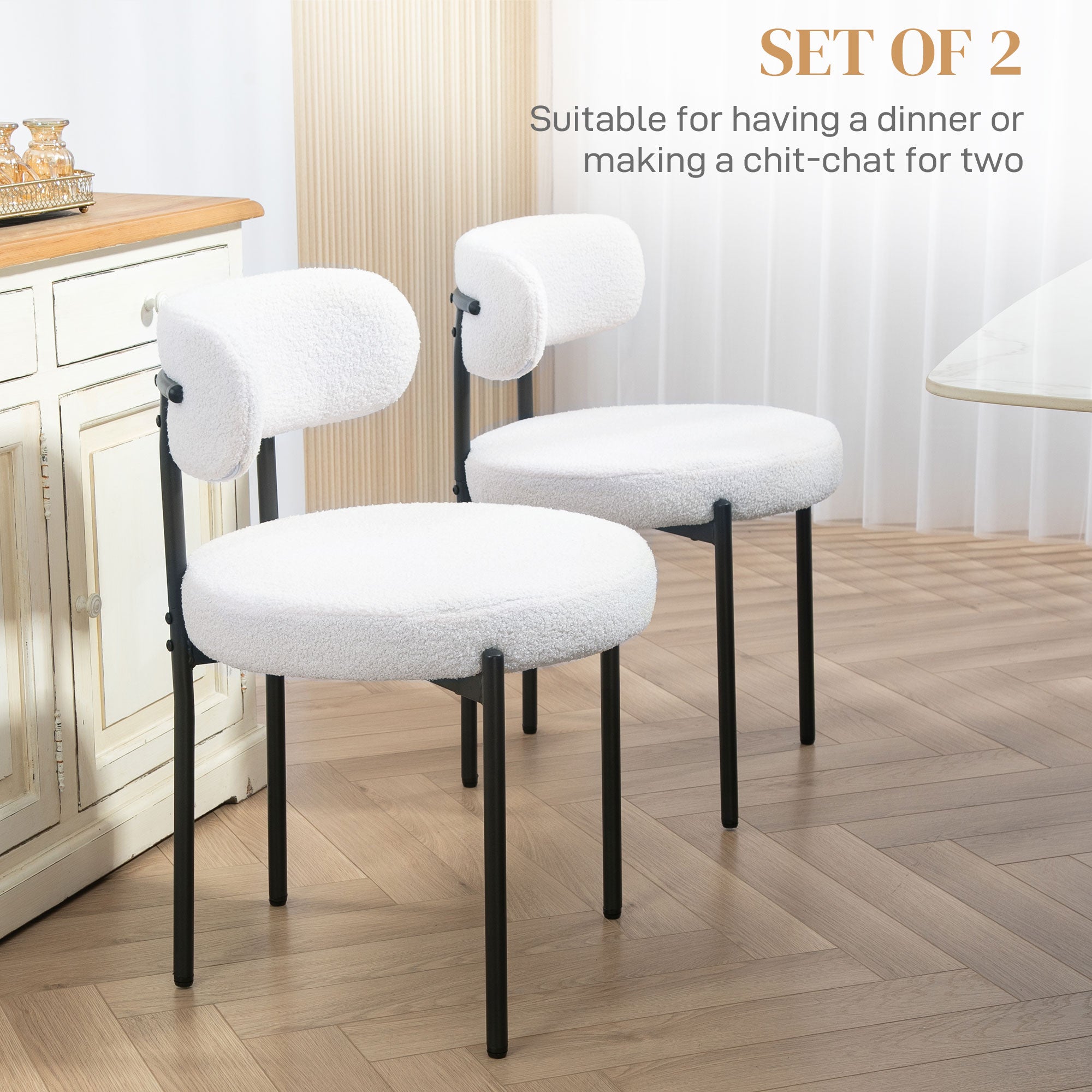 HOMCOM Dining Chairs Set of 2, Modern Kitchen Chairs with Berber Fleece Upholstery and Steel Legs for Living Room, Bedroom, Cream White