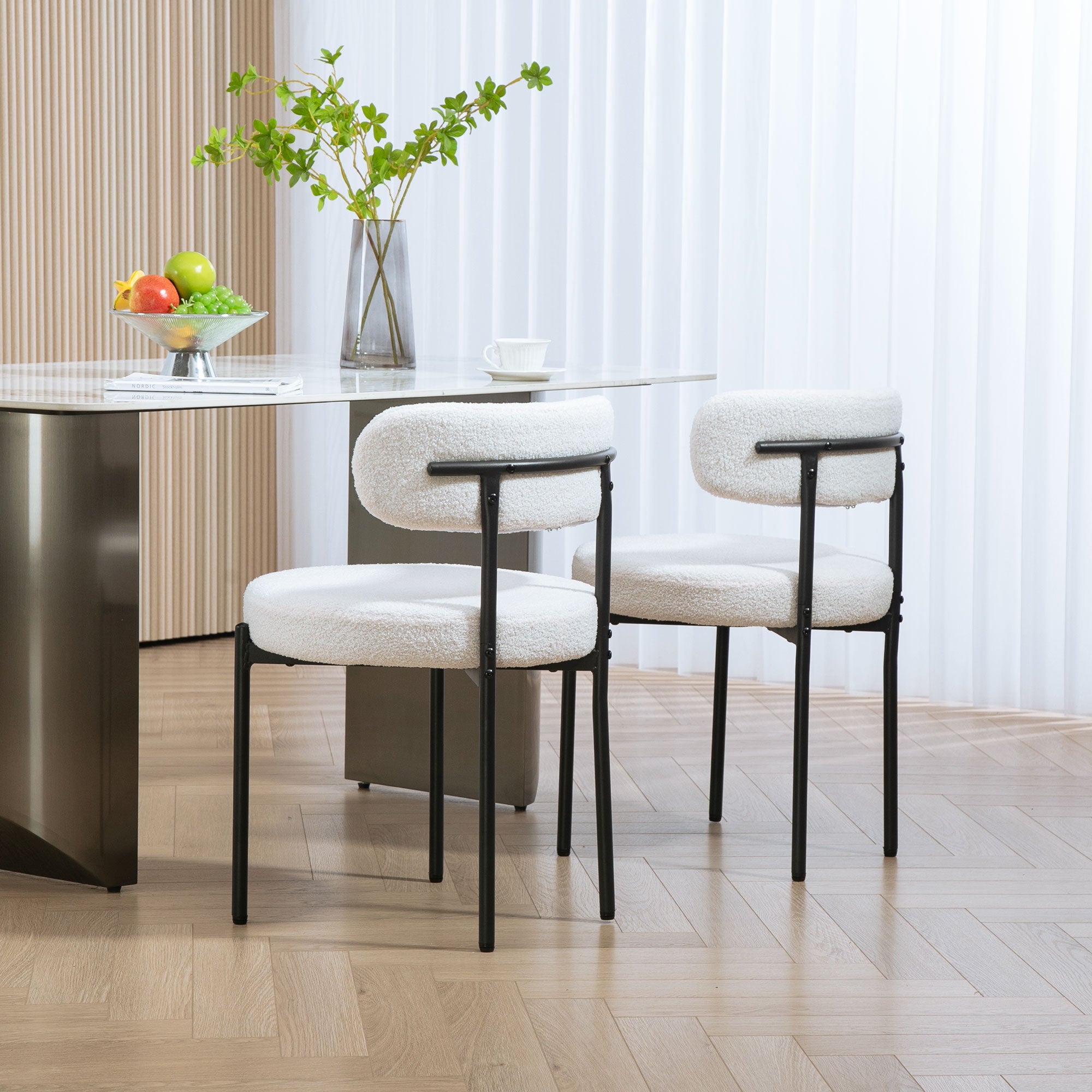 HOMCOM Dining Chairs Set of 2, Modern Kitchen Chairs with Berber Fleece Upholstery and Steel Legs for Living Room, Bedroom, Cream White