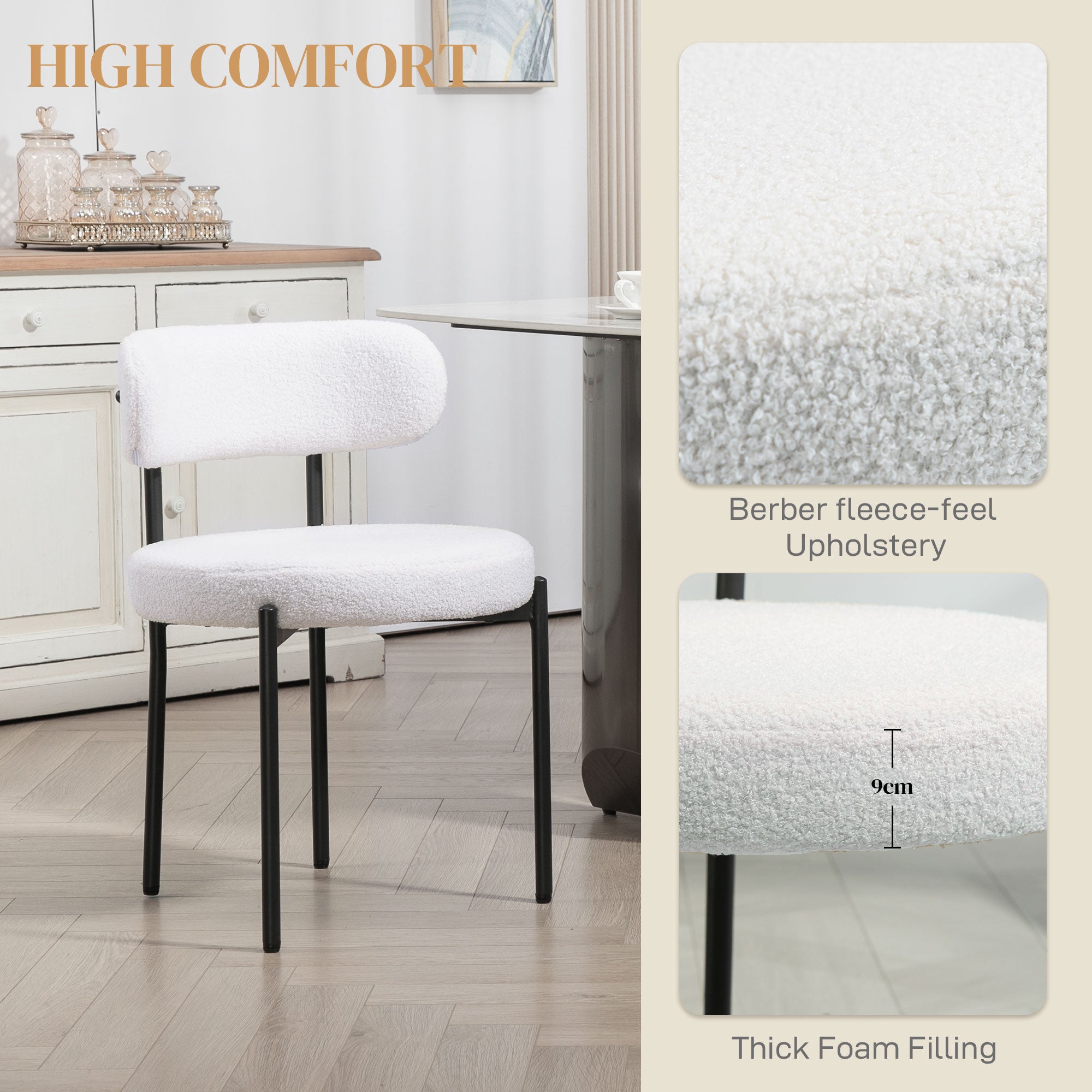 HOMCOM Dining Chairs Set of 2, Modern Kitchen Chairs with Berber Fleece Upholstery and Steel Legs for Living Room, Bedroom, Cream White