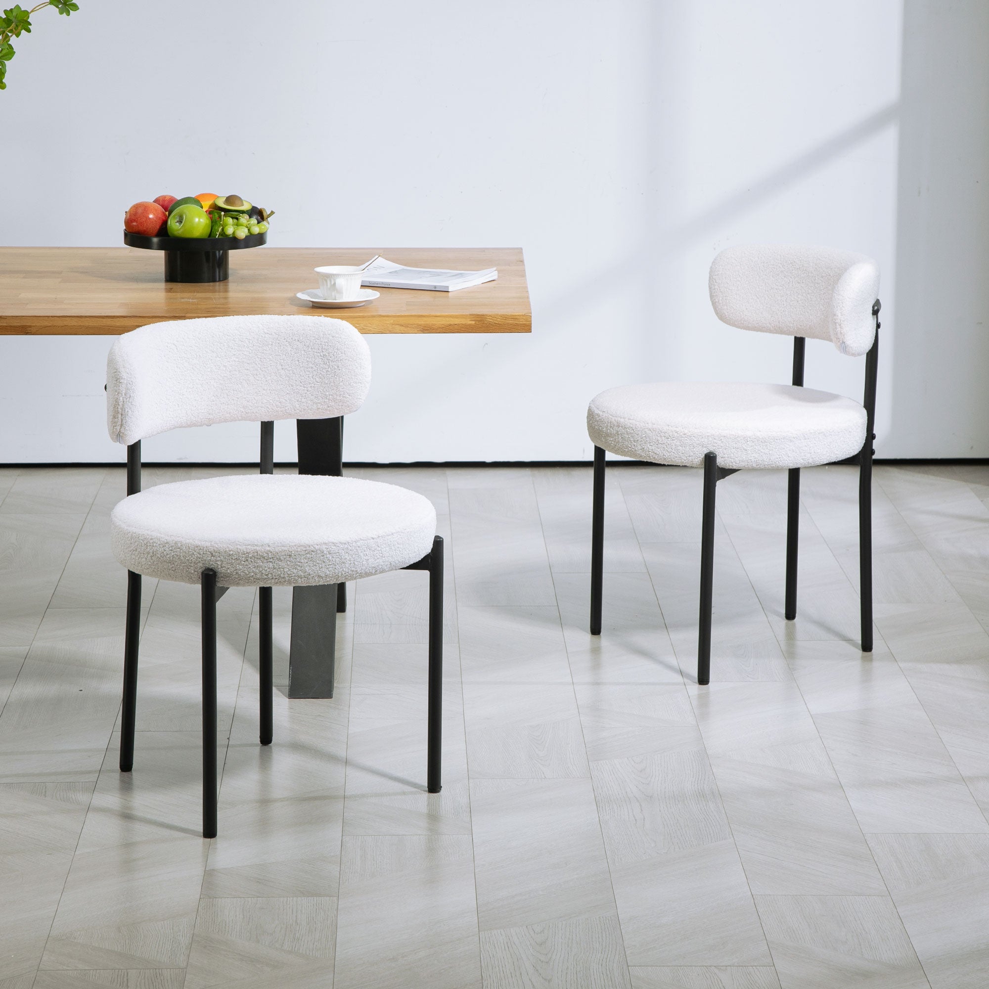 HOMCOM Dining Chairs Set of 2, Modern Kitchen Chairs with Berber Fleece Upholstery and Steel Legs for Living Room, Bedroom, Cream White