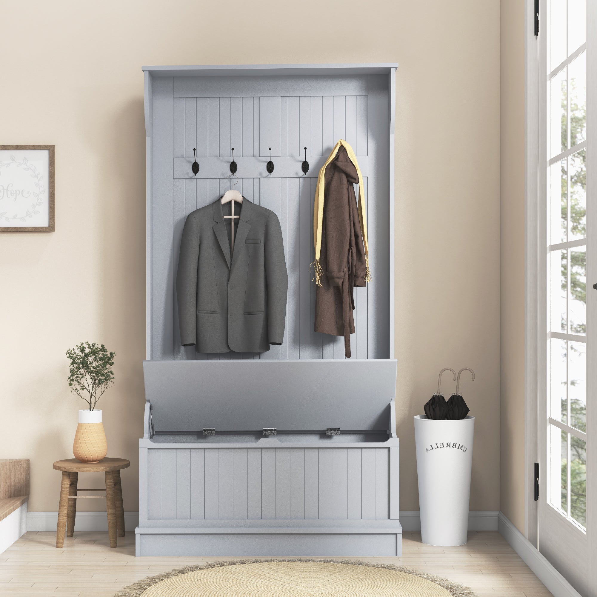 HOMCOM 38" Coat Rack, 3-In-1 Entryway Hall Tree with Shoe Storage Bench, Modern Coat Hanger Stand with 5 Double Hooks, for Hallway, Living Room, Grey