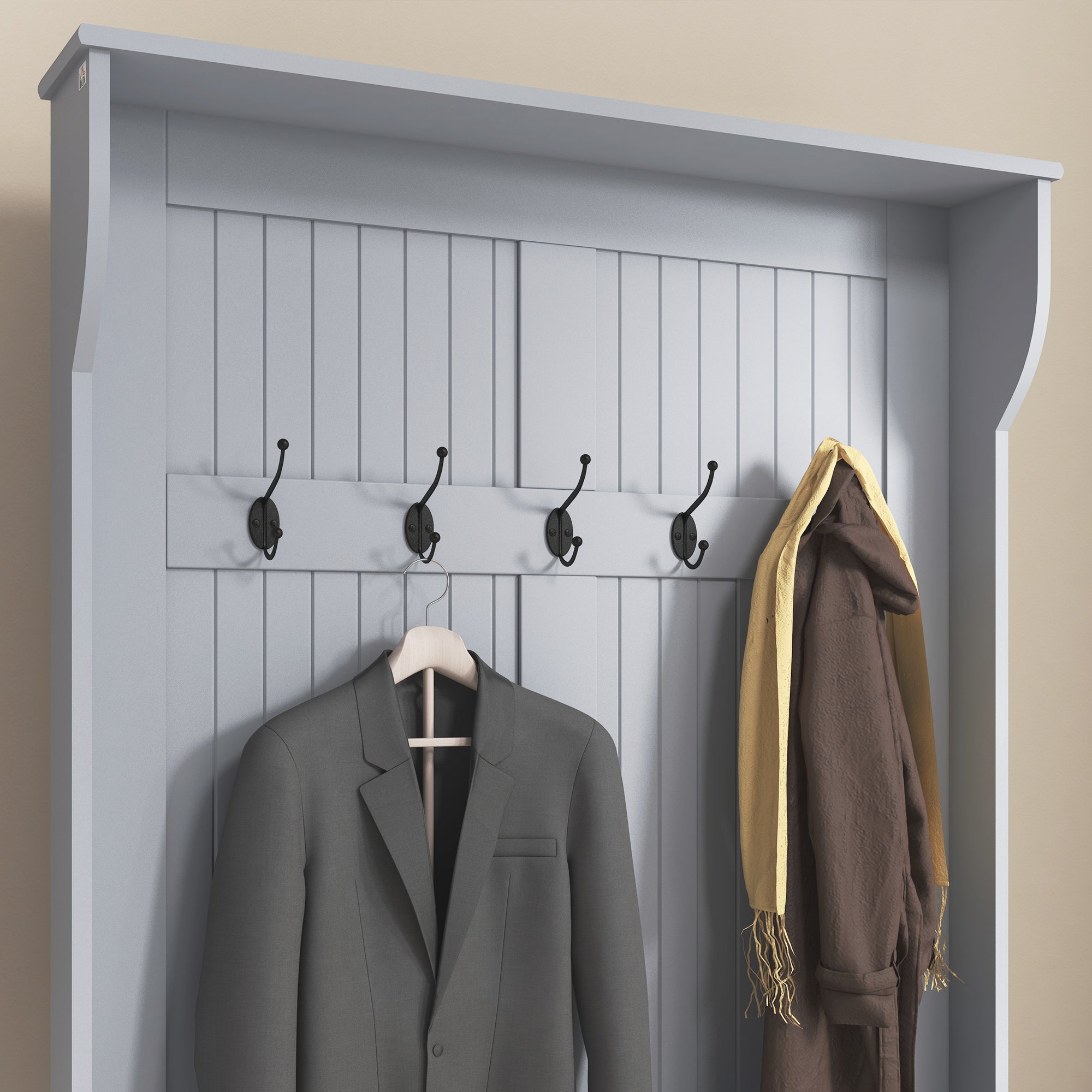 HOMCOM 38" Coat Rack, 3-In-1 Entryway Hall Tree with Shoe Storage Bench, Modern Coat Hanger Stand with 5 Double Hooks, for Hallway, Living Room, Grey