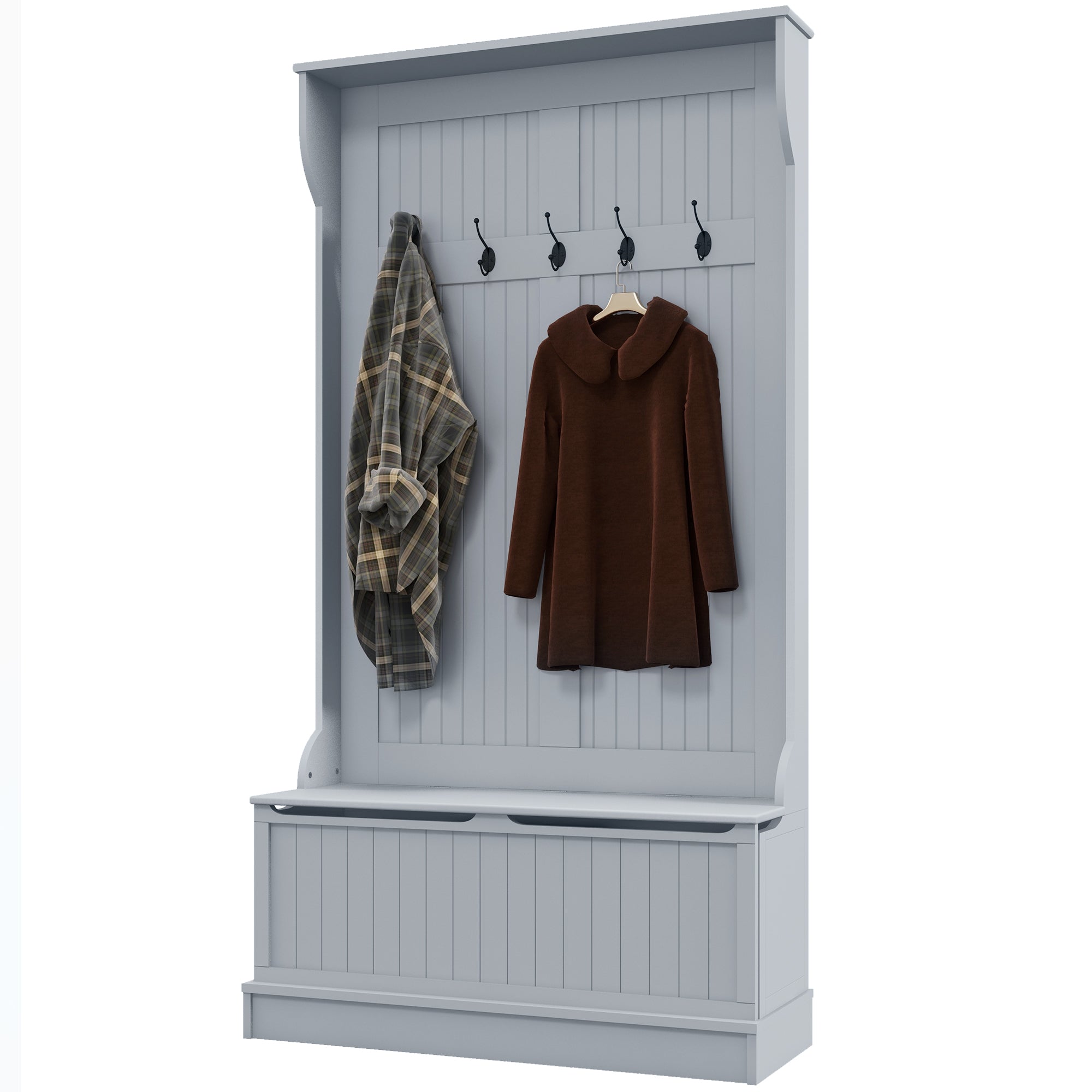 3-In-1 Entryway Bench with Coat Rack, Hall Tree with Bench and Shoe Storage, 5 Hooks for Hallway, Grey