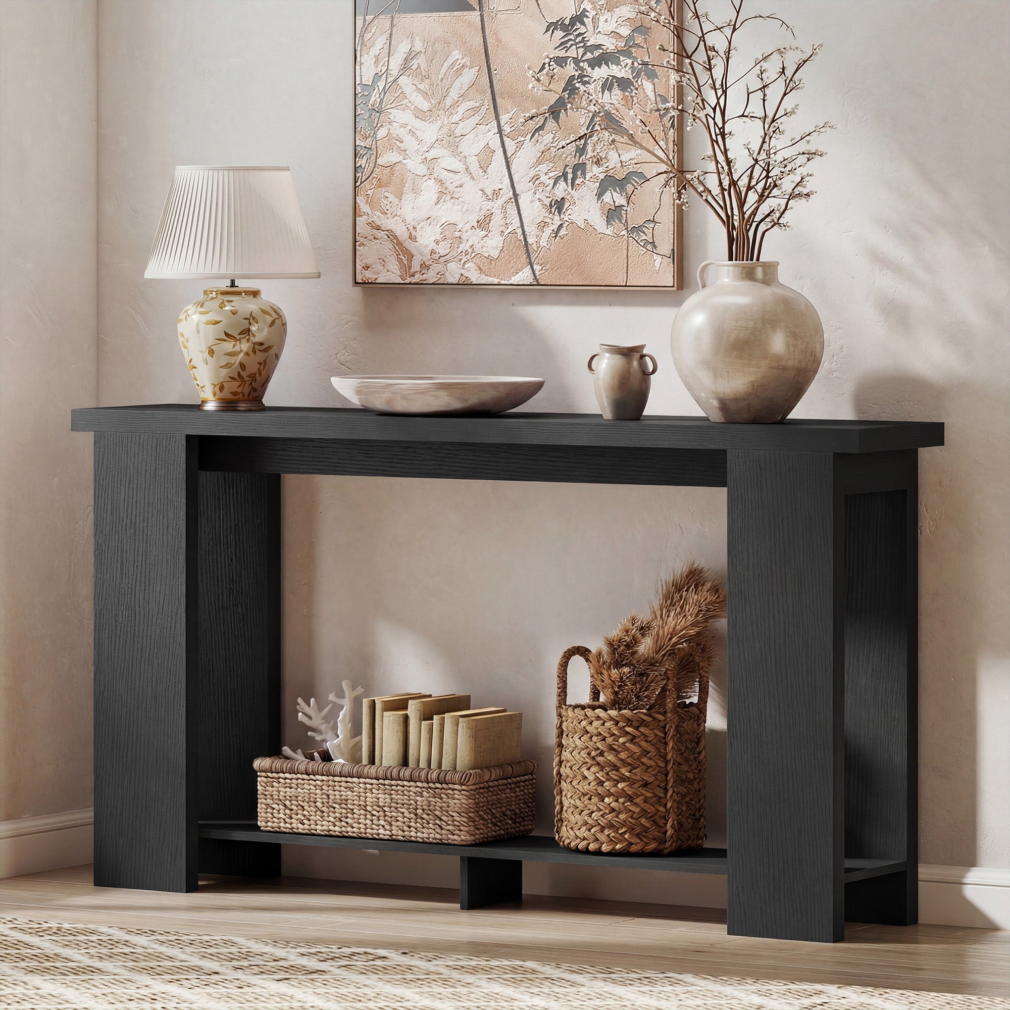 Farmhouse Console Table, 63" Narrow Entryway Table with Storage Shelf and Thickened Tabletop for Living Room, Hallway, Entrance, Distressed Black