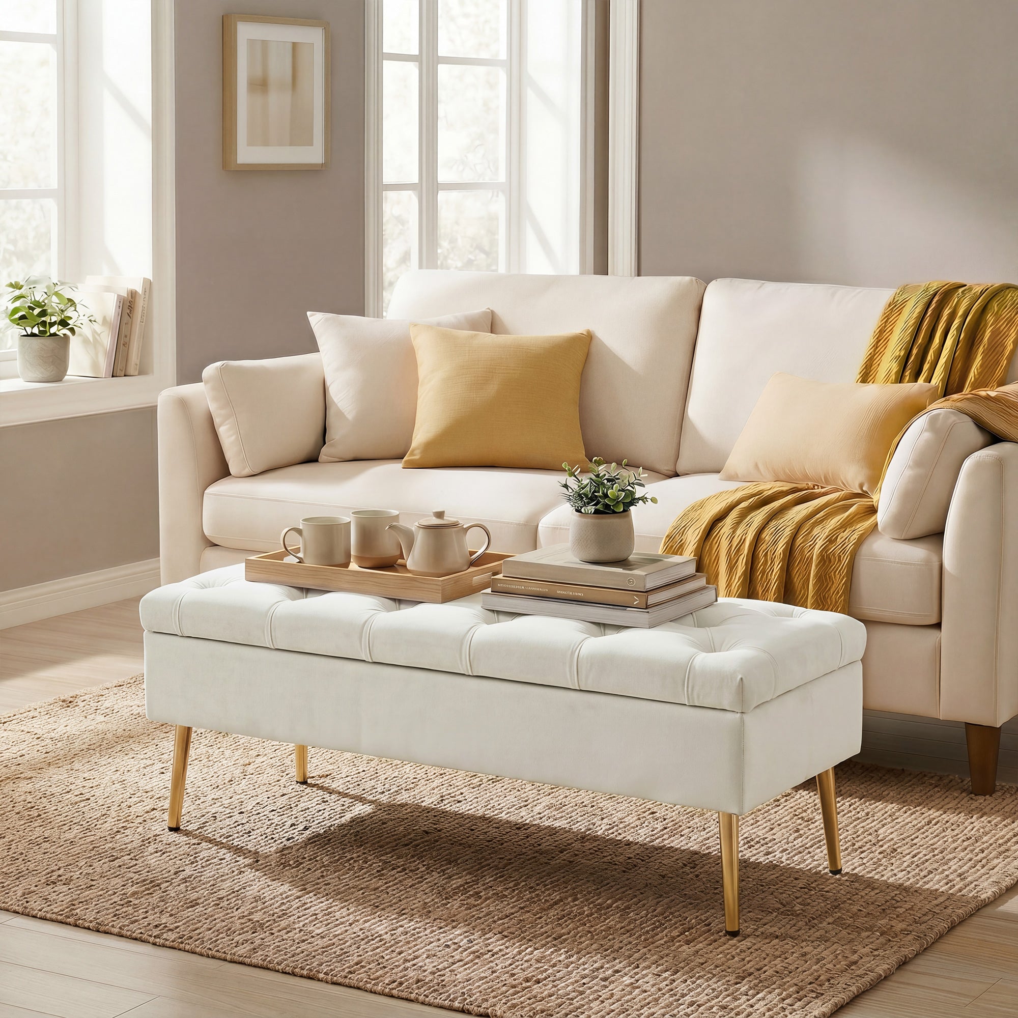 Upholstered Bedroom Bench with Gold Tone Metal Legs, Velvet Button-Tufted Storage Bench, Bench Seat with Thick Padding, Ottoman Bench for Living Room, Hallway, Beige