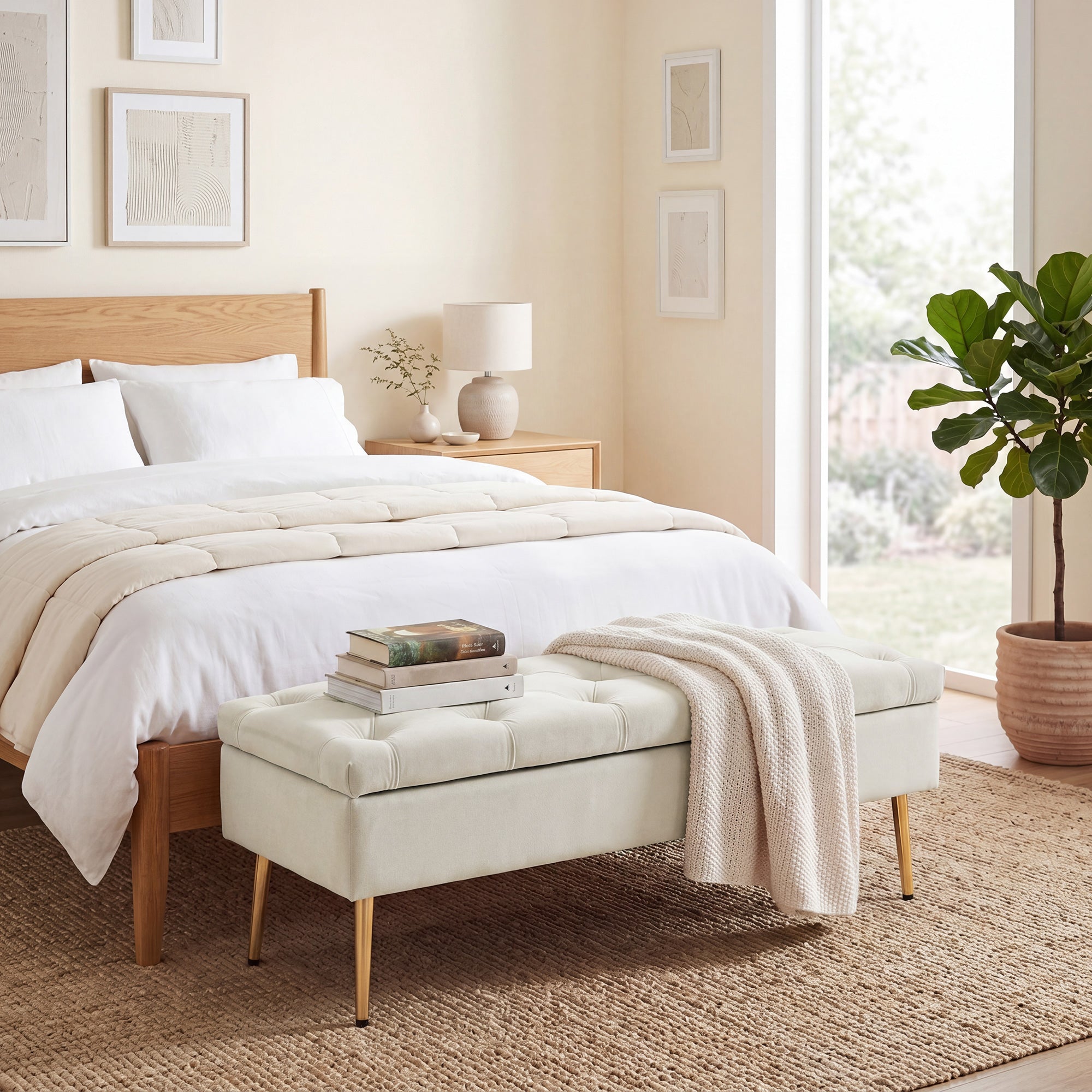 Upholstered Bedroom Bench with Gold Tone Metal Legs, Velvet Button-Tufted Storage Bench, Bench Seat with Thick Padding, Ottoman Bench for Living Room, Hallway, Beige