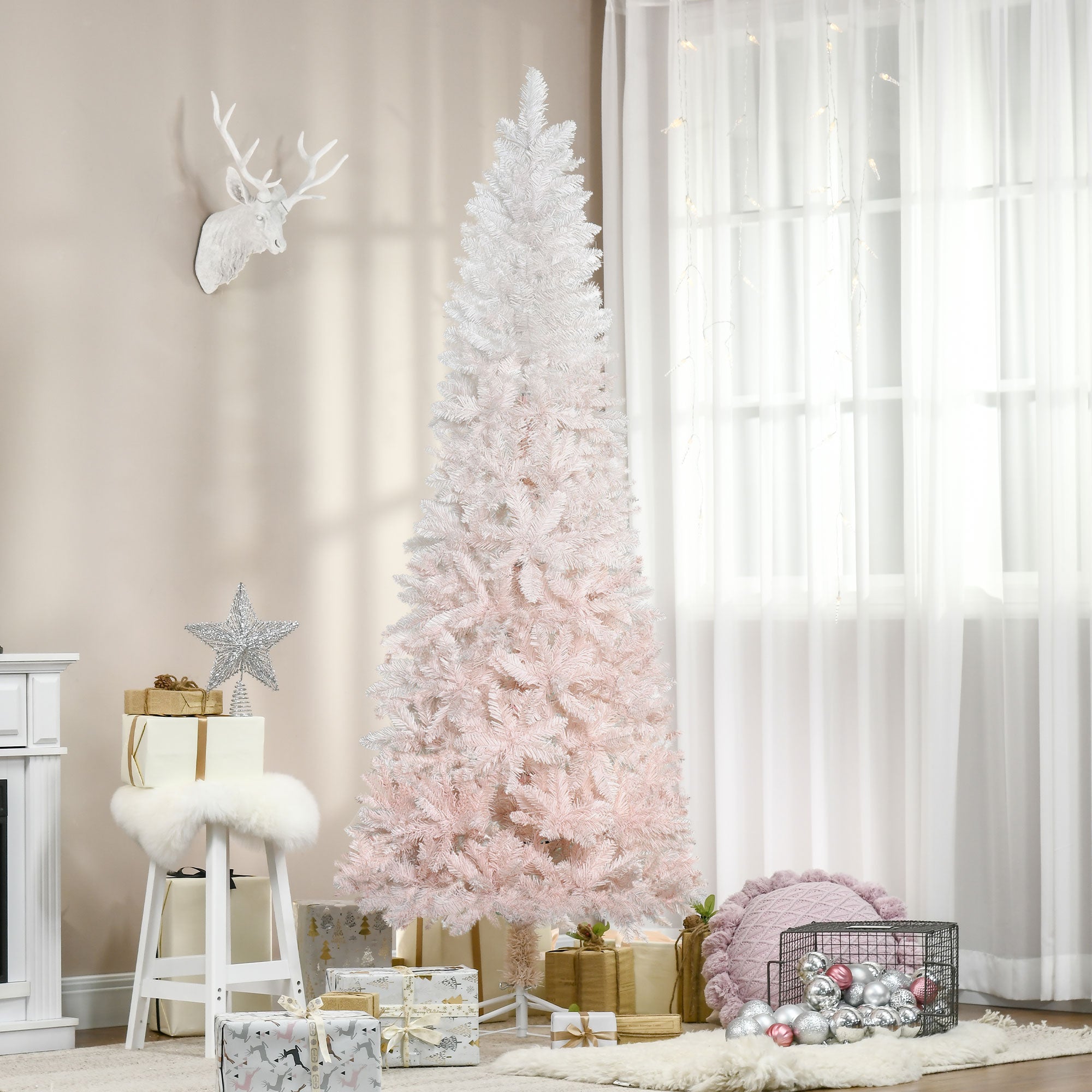 7' Tall Unlit Pencil Fir Artificial Christmas Tree with Realistic Branches and Steel Base Pink and White