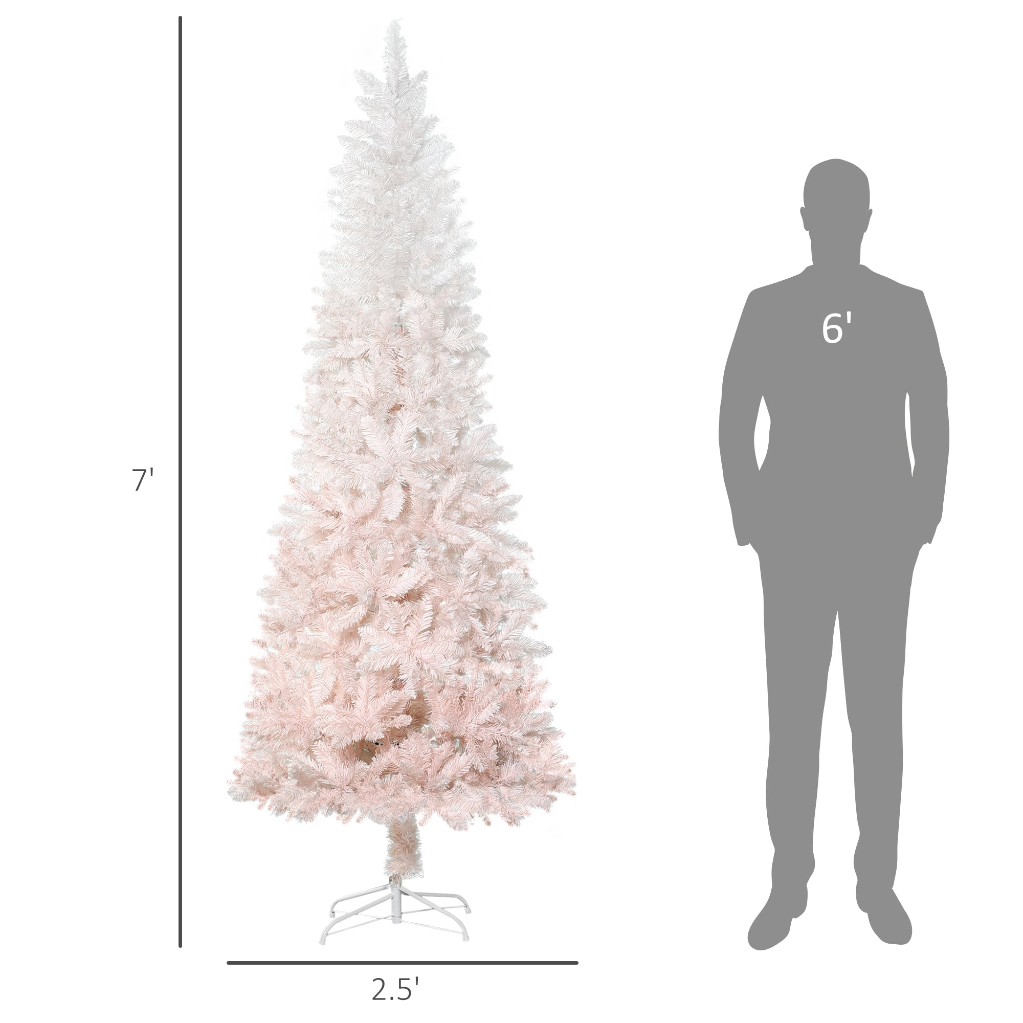 7' Tall Unlit Pencil Fir Artificial Christmas Tree with Realistic Branches and Steel Base Pink and White