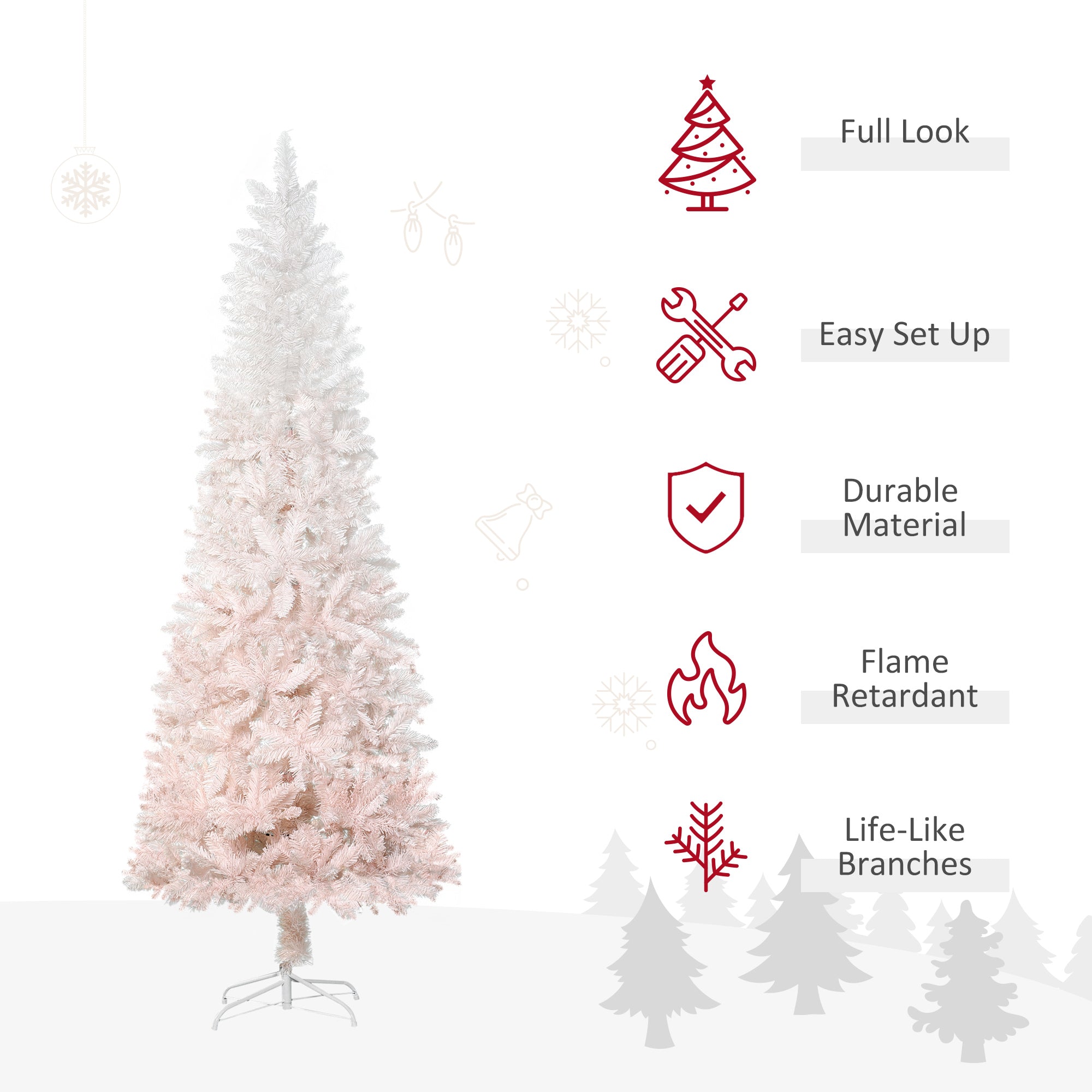 7' Tall Unlit Pencil Fir Artificial Christmas Tree with Realistic Branches and Steel Base Pink and White