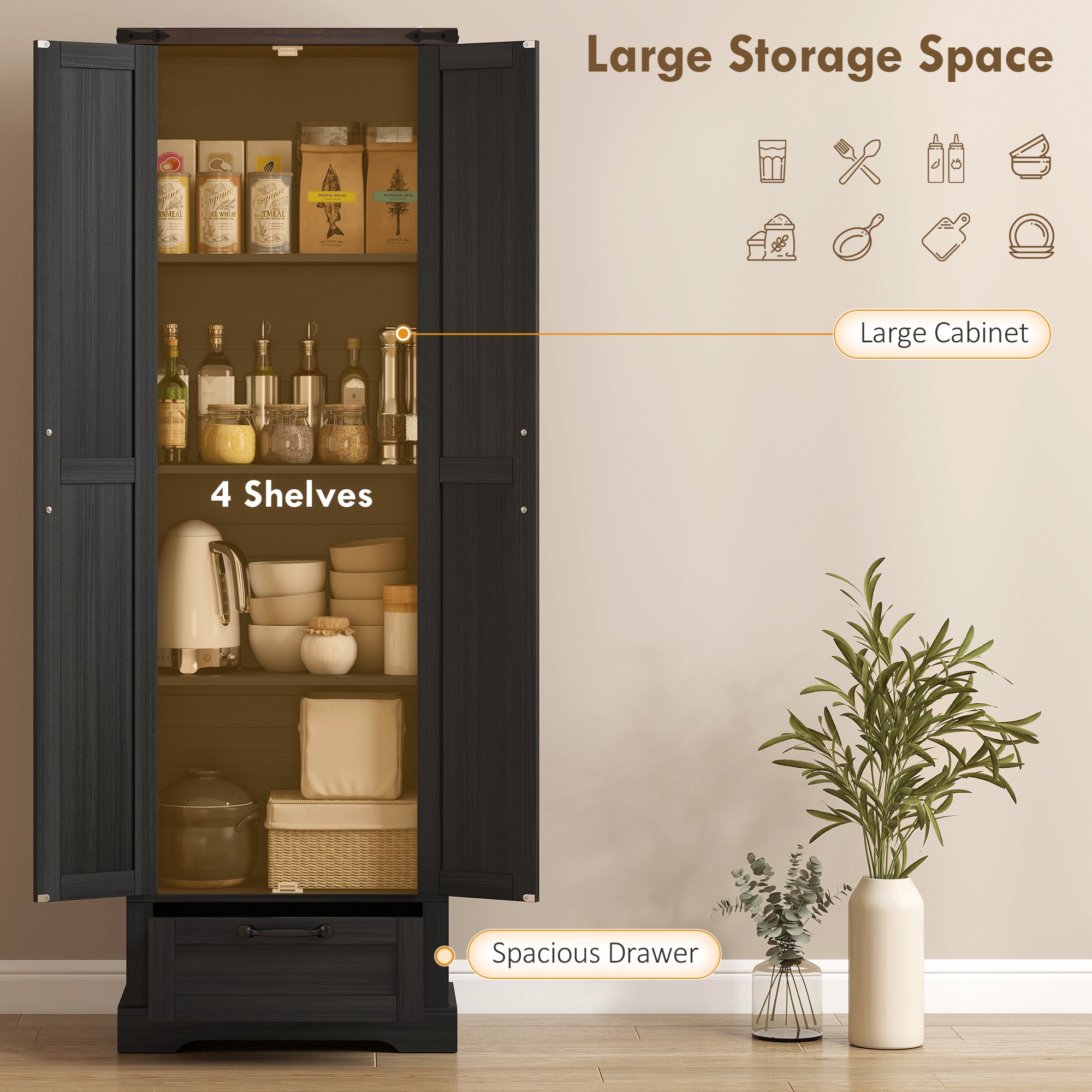 71" Tall Kitchen Pantry, Farmhouse Storage Cabinet with Barn Doors, Drawer and Adjustable Shelves, Freestanding Food Pantry Cabinet for Kitchen, Dining Room, Black