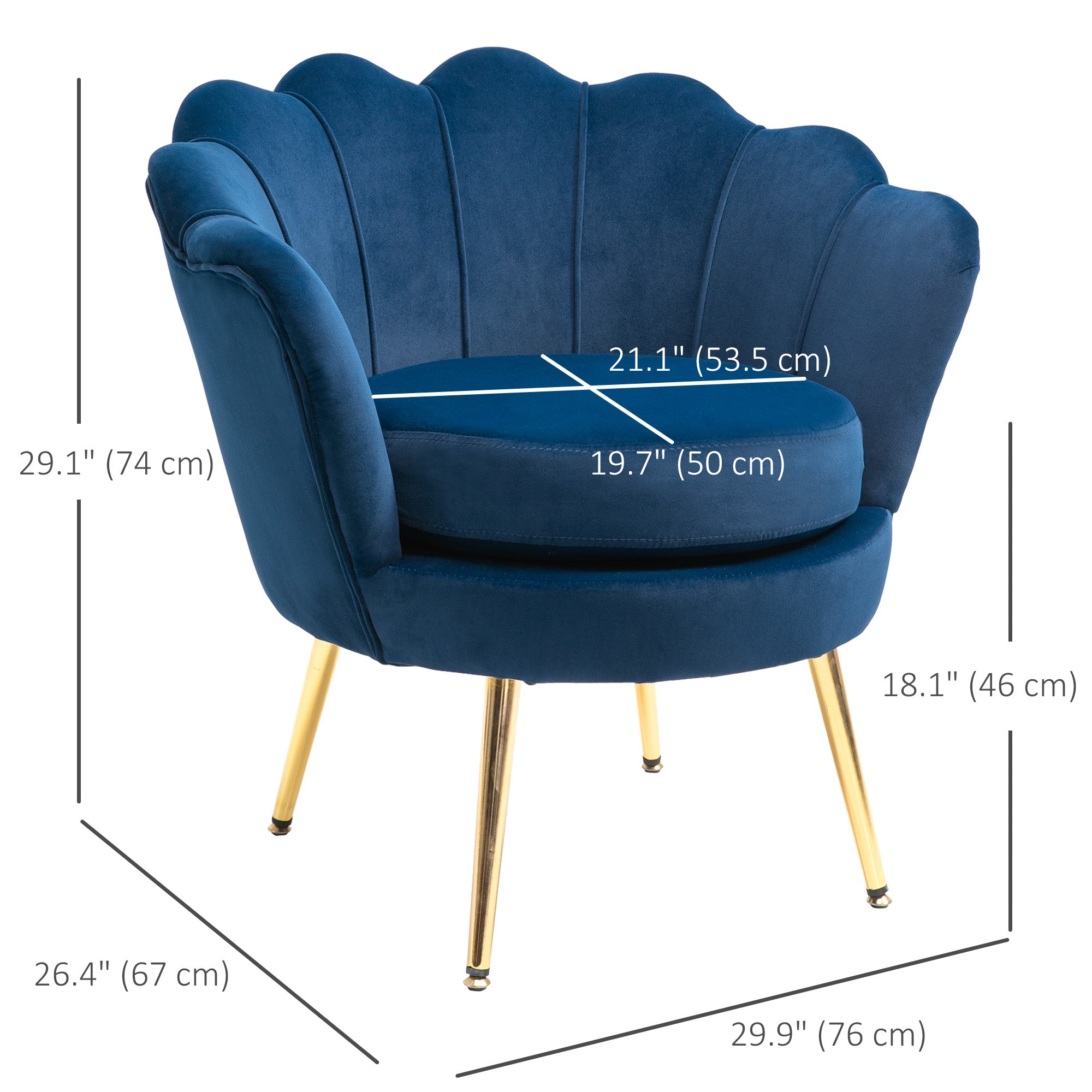 HOMCOM Modern Accent Chair, Velvet-Touch Fabric Leisure Club Chair with Gold Metal Legs for Bedroom, Blue