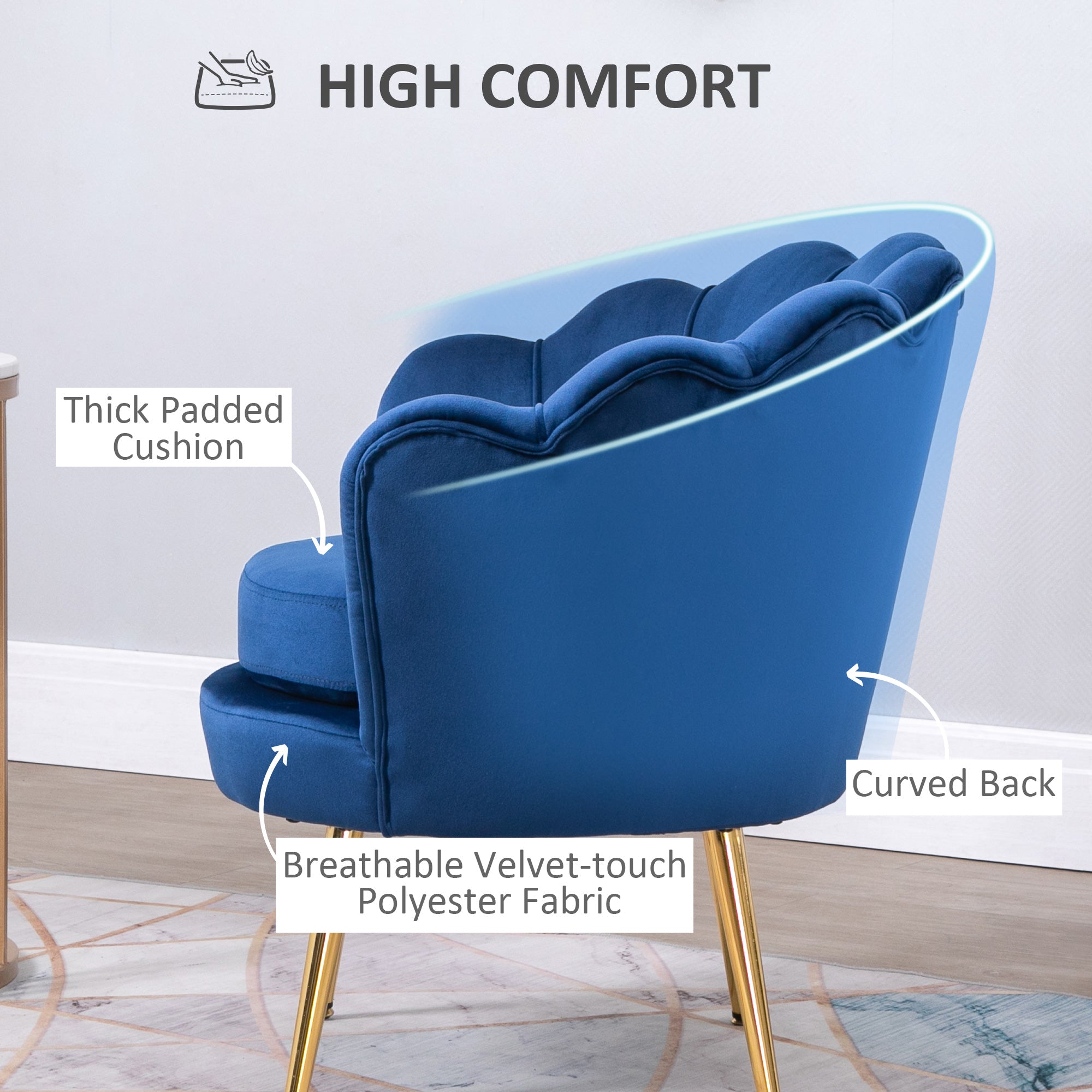 HOMCOM Modern Accent Chair, Velvet-Touch Fabric Leisure Club Chair with Gold Metal Legs for Bedroom, Blue