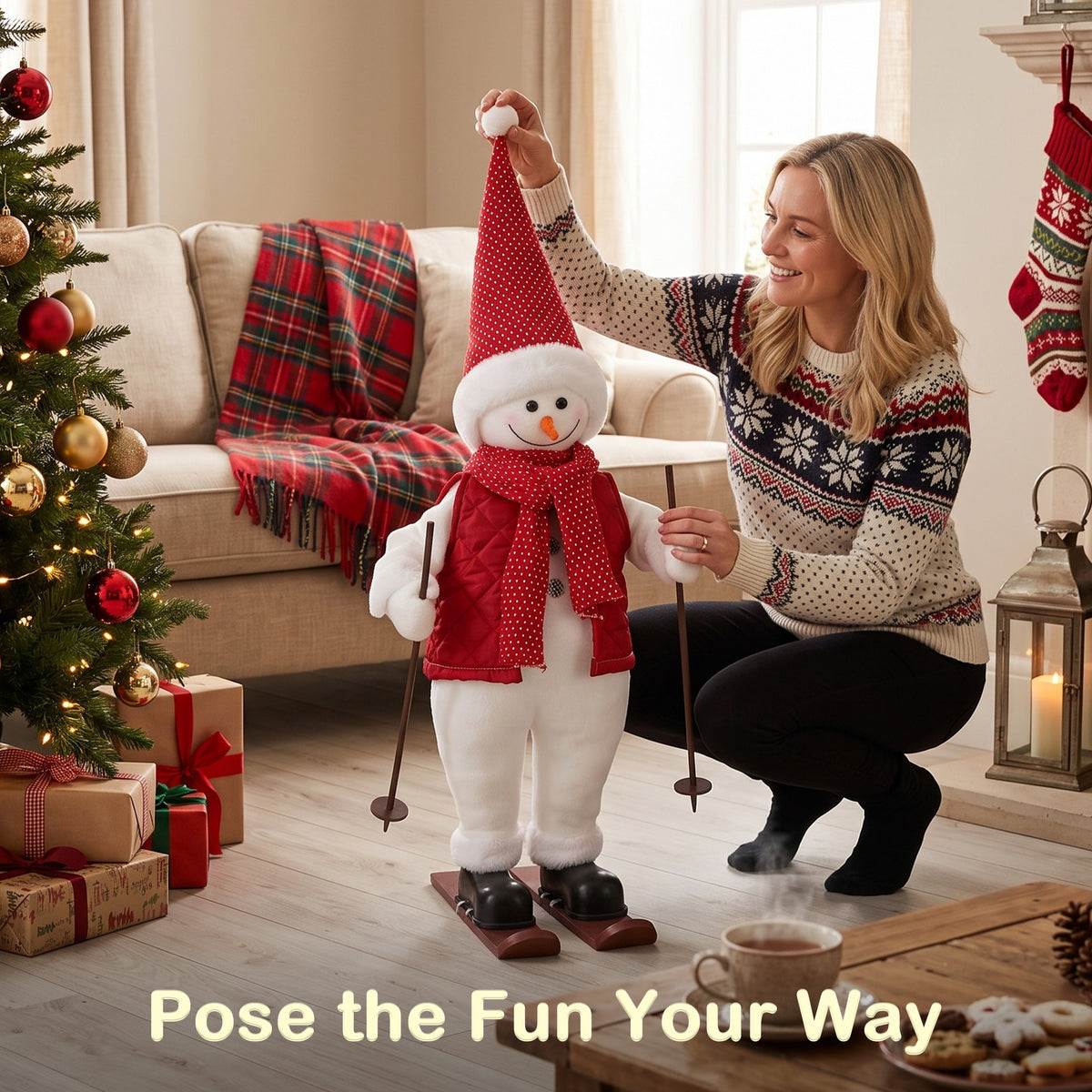 2ft Singing Skiing Santa Claus, 65 cm Standing Musical Animated Santa with Ski Board and Poles, Posable Arms, Handcrafted, Sound Touch Activated, Moving Christmas Figure Decoration