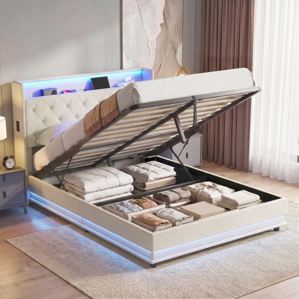 4ft6 Double Ottoman Bed Frame with Hydraulic Storage, APP Control LED Lights and Charging Station, Upholstered Lift Up Storage Bed Frame with Headboard, No Box Spring Needed, Cream White