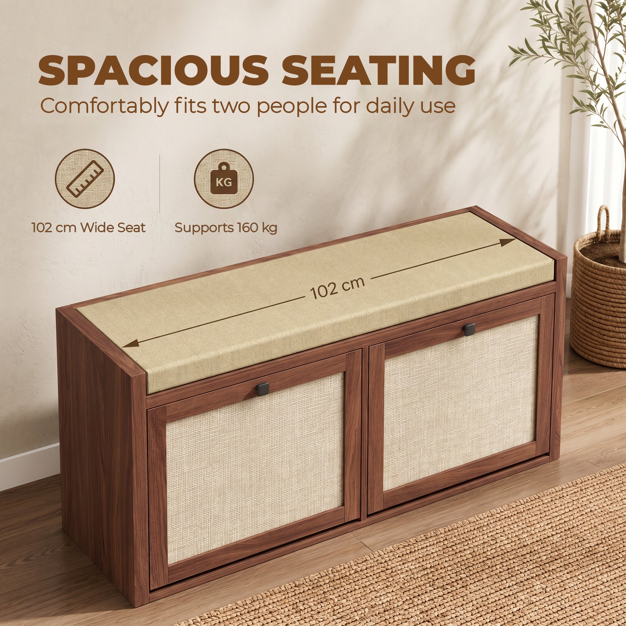 Shoe Bench with 2 Rattan Doors, Shoe Storage Bench with Padded Cushion Seat for Hallway, Living Room, Bedroom, Brown