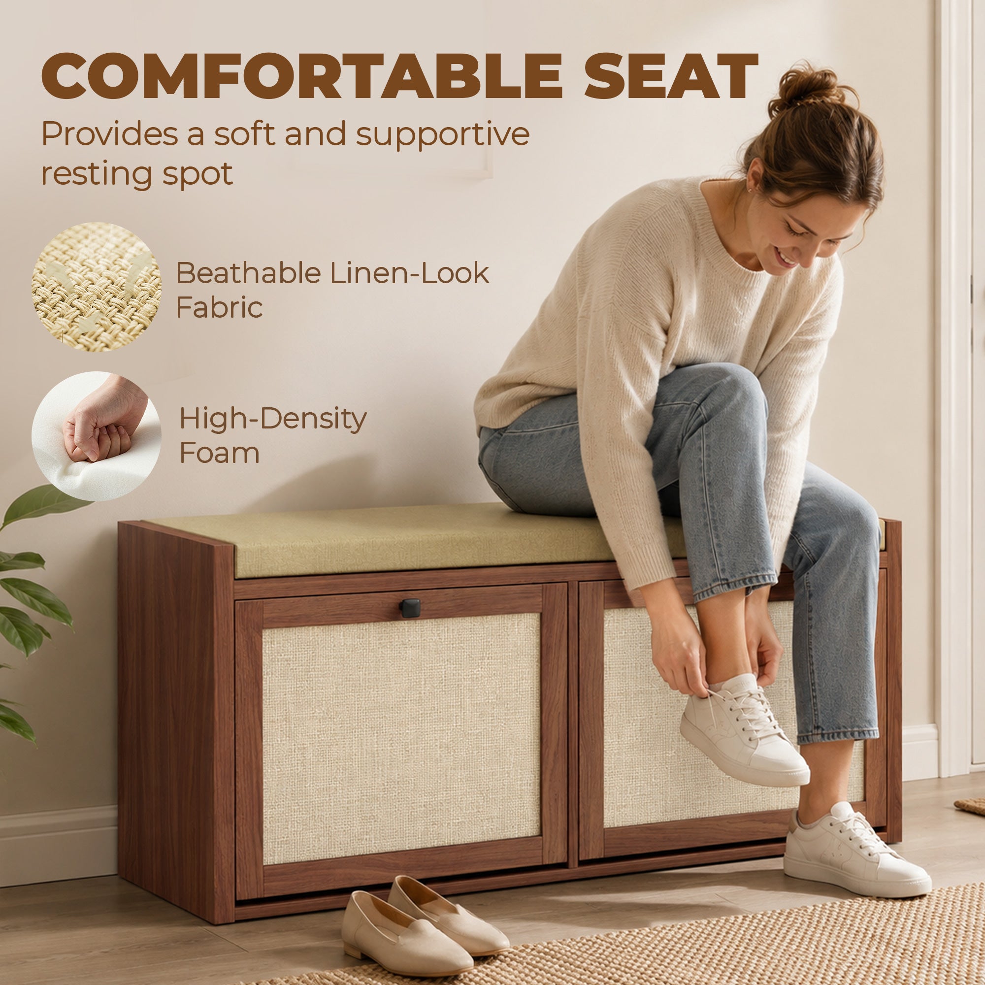 Shoe Bench with 2 Rattan Doors, Shoe Storage Bench with Padded Cushion Seat for Hallway, Living Room, Bedroom, Brown