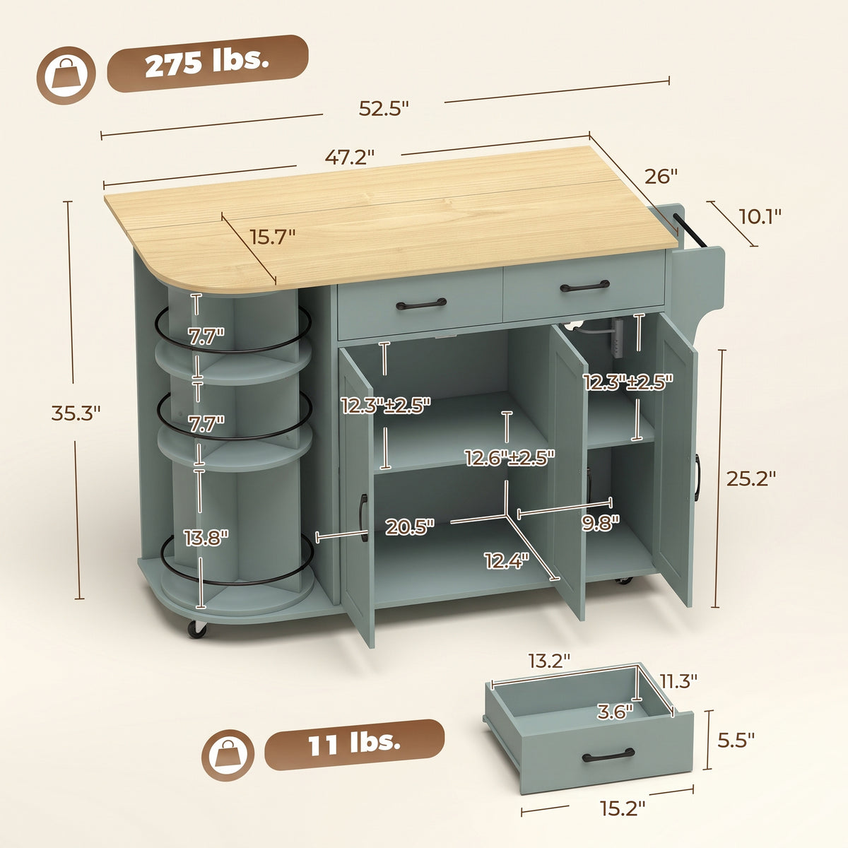 53" Kitchen Island with Power Outlet and Drop Leaf, Kitchen Cart on Wheels with 360° Rotating Rack, 2 Drawers, Adjustable Shelves, Mobile Island Table for Dining Room, Sage Green