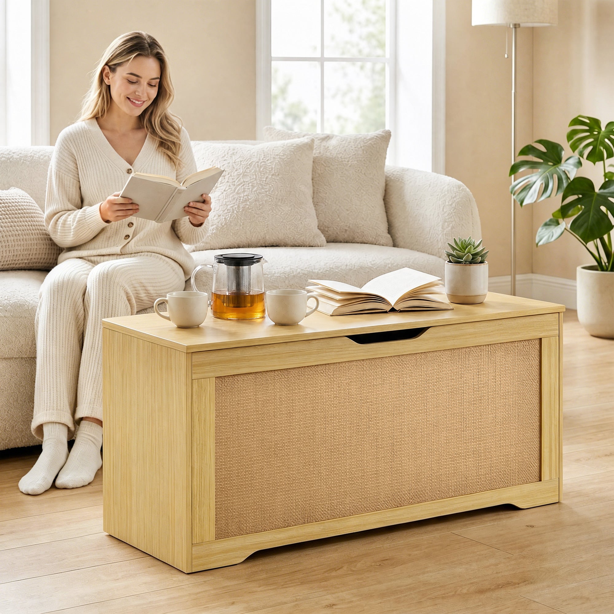 Rattan Storage Chest, Lift Top Storage Trunk with Safety Hinges and Handle-Free Design, Storage Bench for Living Room, Shoe Bench for Entryway, 39.4" x 15.7" x 17.7", Oak