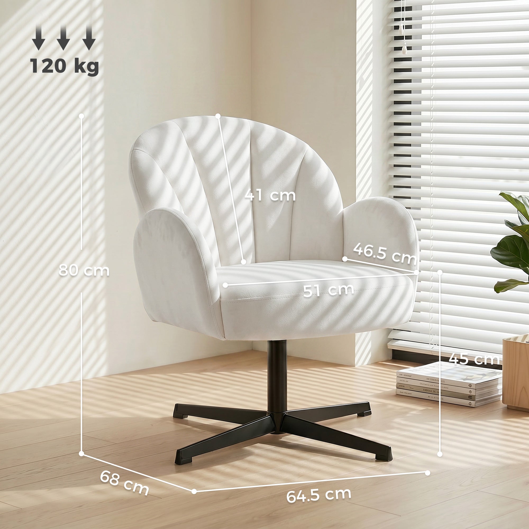 Swivel Accent Chair, Velvet-Feel Fabric Shell-Shaped Armchair with Spring Cushion, Metal Base, Modern Reading Chair for Living Room, Bedroom, Study, Makeup, Cream White