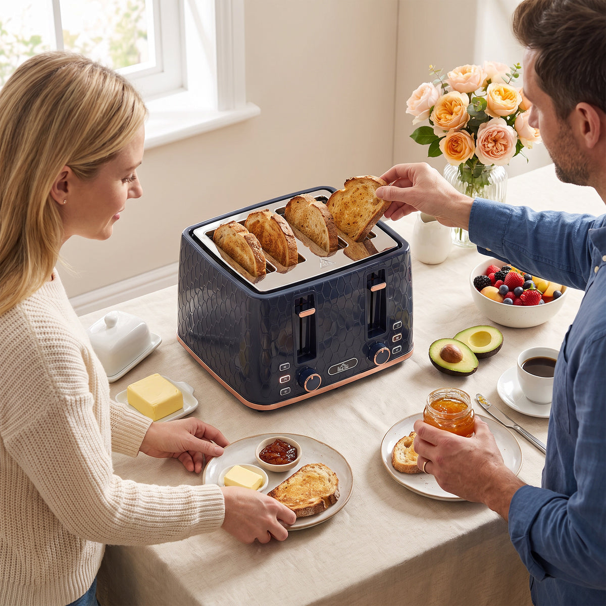 4 Slice Toaster with 7 Browning Levels, High Lift, Reheat/Defrost/Cancel, Self-centring Function, Removable Crumb Tray, 1860W, Honeycomb Texture, Dark Blue