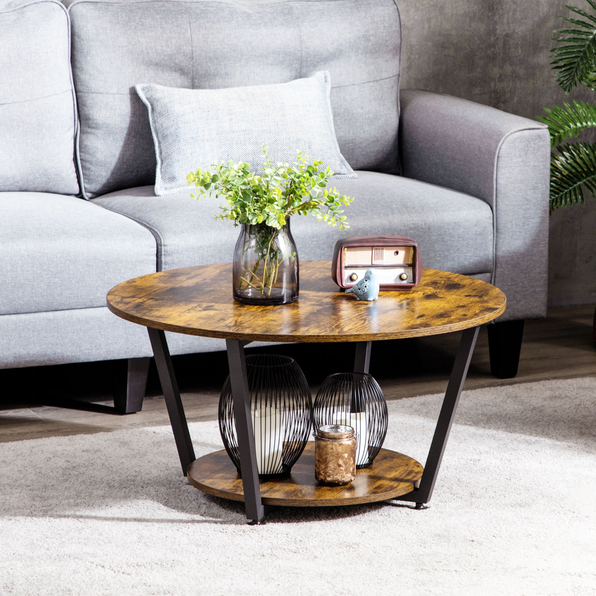 HOMCOM Round Coffee Table with Storage Shelf, Center Table with Steel Frame for Living Room, Rustic Brown