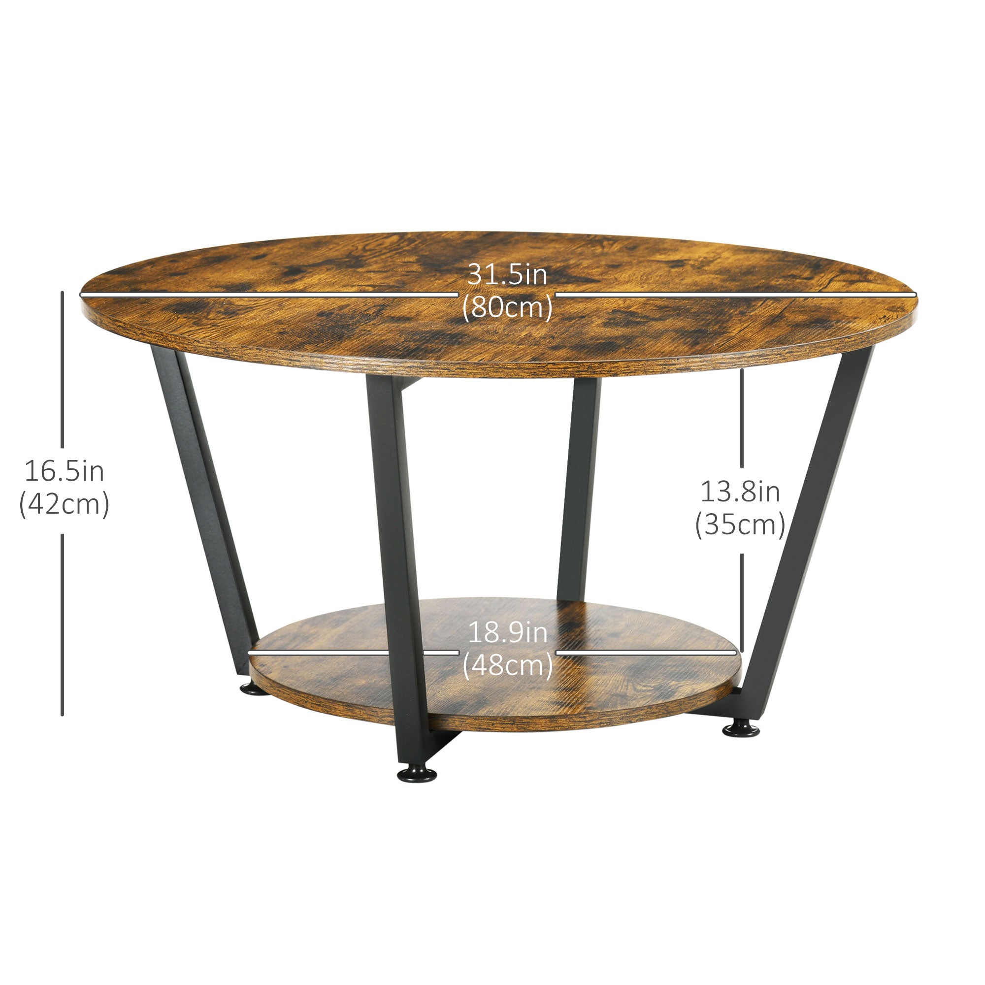 HOMCOM Round Coffee Table with Storage Shelf, Center Table with Steel Frame for Living Room, Rustic Brown