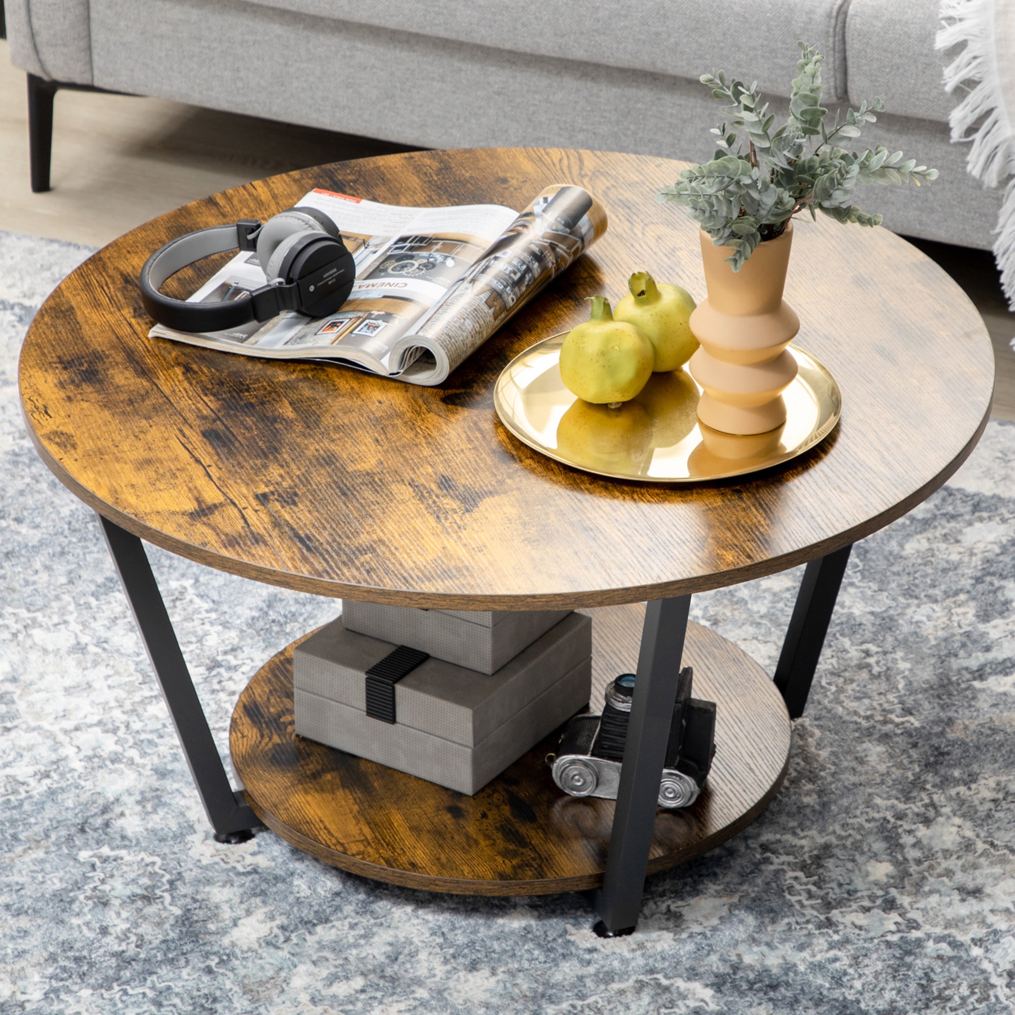 HOMCOM Round Coffee Table with Storage Shelf, Center Table with Steel Frame for Living Room, Rustic Brown