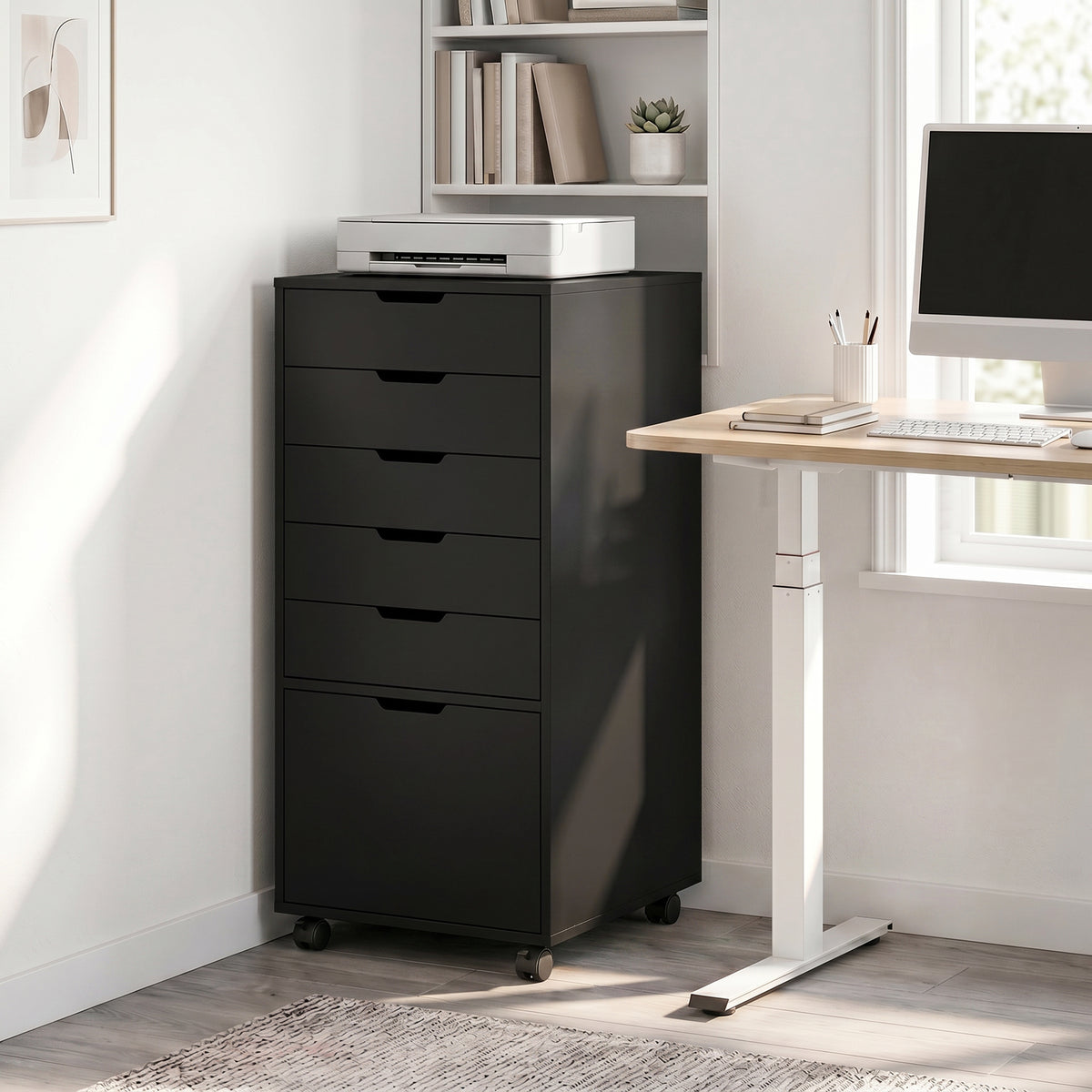 5 Drawer Vertical File Cabinet with Lockable Wheels, Filing Cabinet for Home Office, Printer Stand with Adjustable Hanging Bars For A4, Letter, legal File Folders, Black