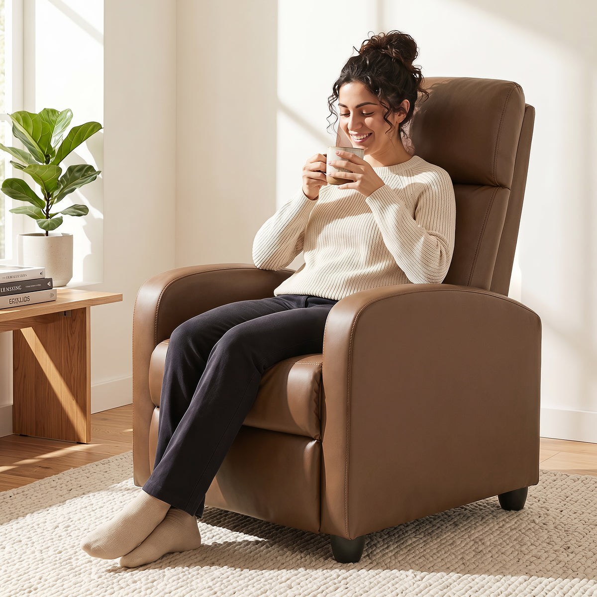 Recliner Armchair, Massage Faux Leather Push Back Reclining Chair with Adjustable Leg Rest, Side Pocket, for Home Living Room Theatre, Dark Brown