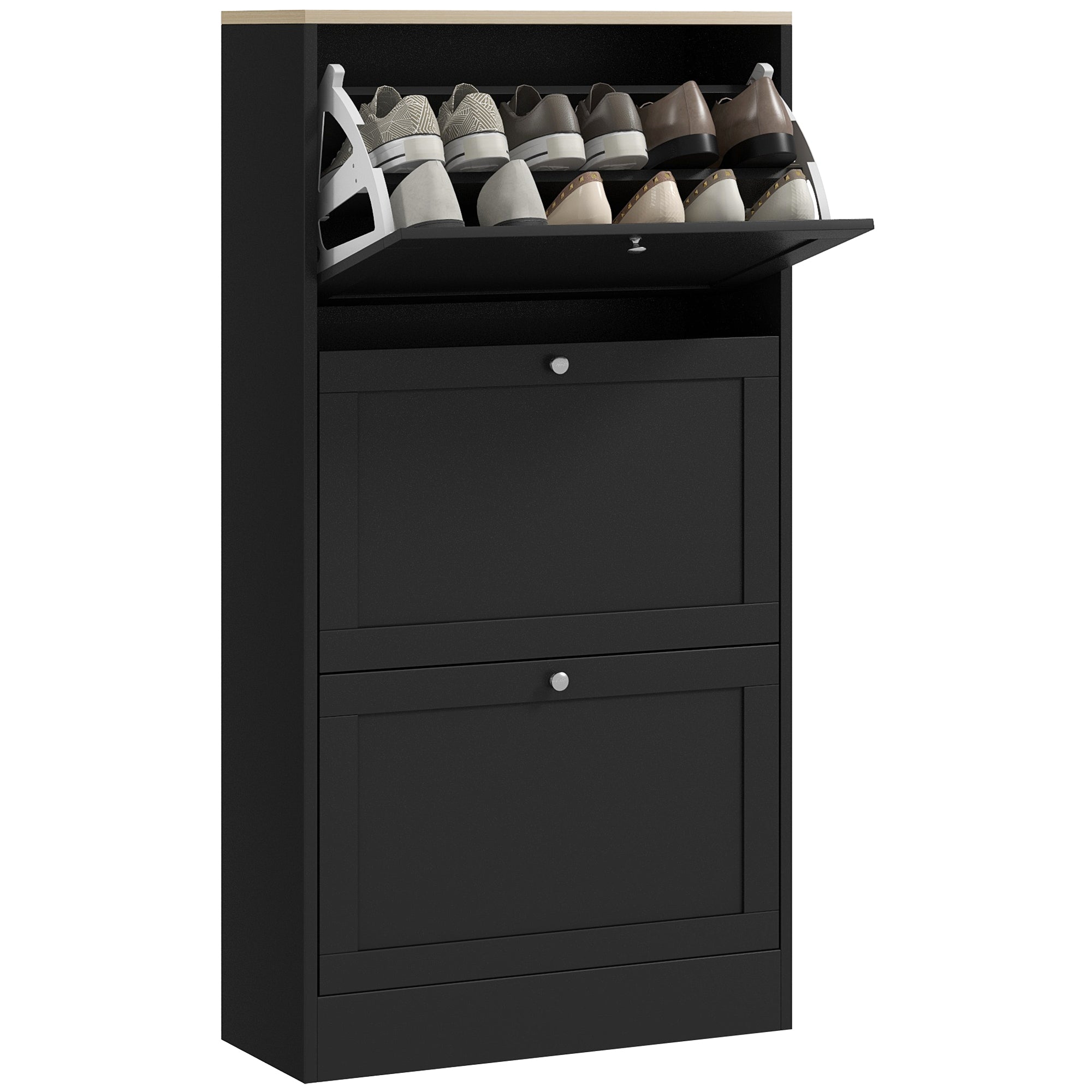 Modern Shoe Storage Cabinet with 3 Flip Drawers for 18 Pairs Black