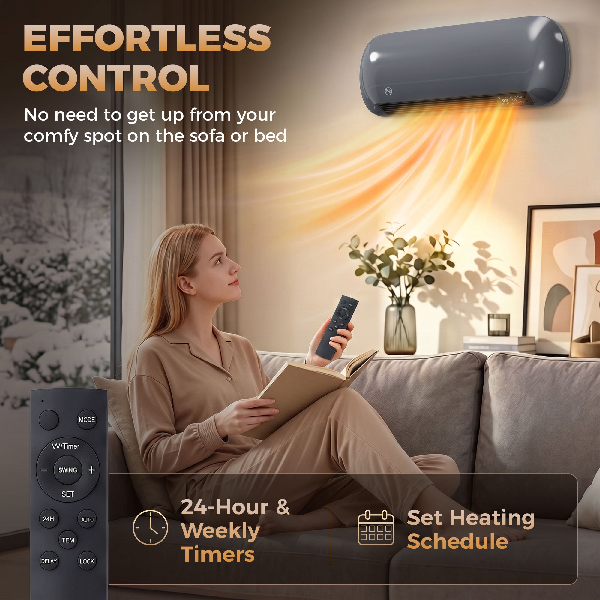 Electric Heater, 2000W Ceramic Space Heater, Wall Mounted, with Fan, Adjustable Thermostat, Weekly Timer, Open Window Alert, 24H Timer, Remote Control, Grey