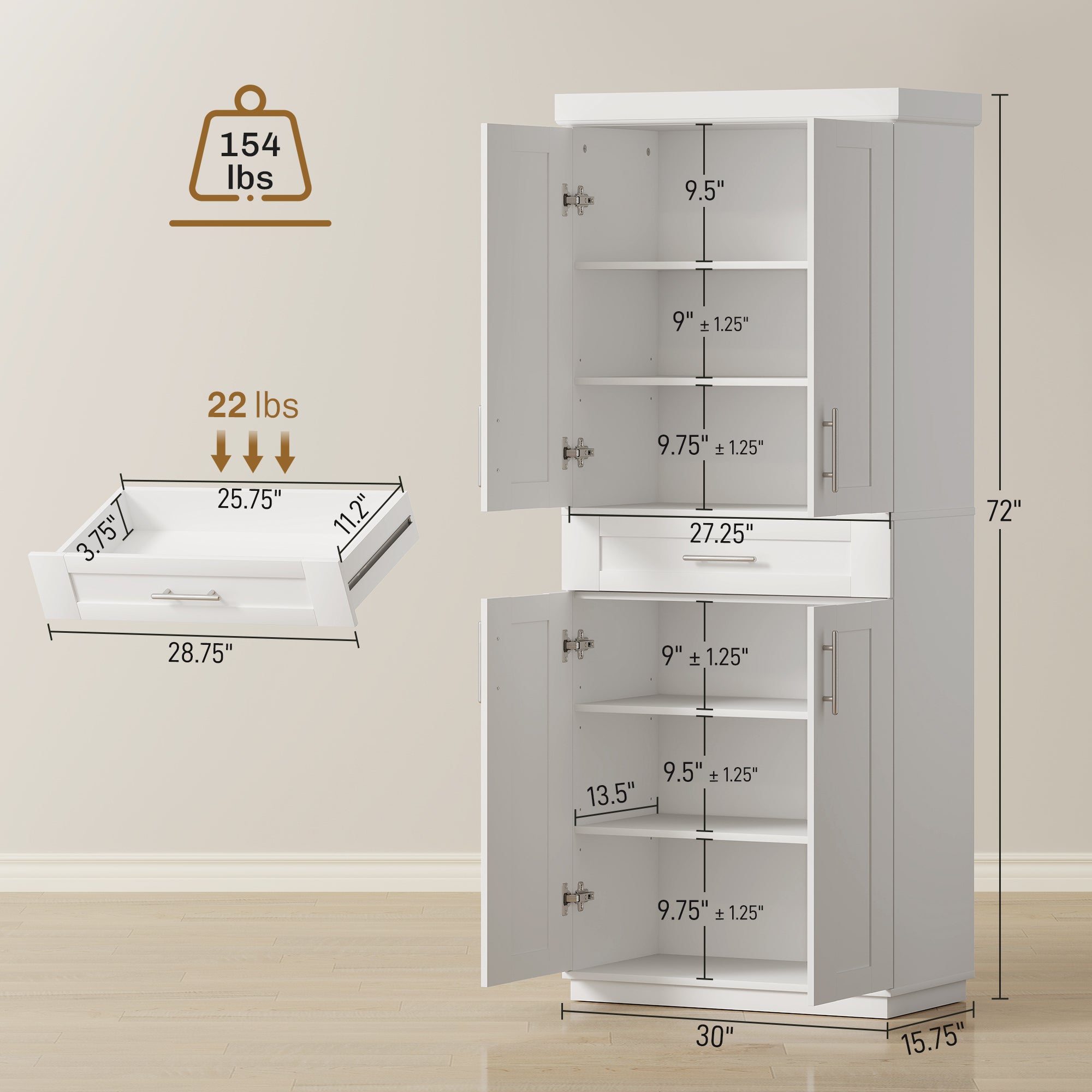 72" Kitchen Pantry Cabinet, Freestanding Tall Storage Cabinet with 4 Doors, Drawer and 3 Adjustable Shelves for Dining Room, White