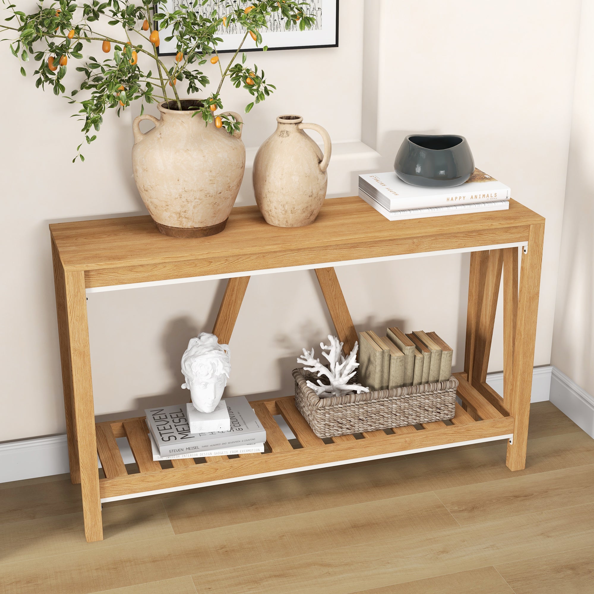 HOMCOM Console Table, Farmhouse Entryway Table with Storage Shelf, Rustic Sofa Table with Anti-tipper for Living Room and Entryway, Brown