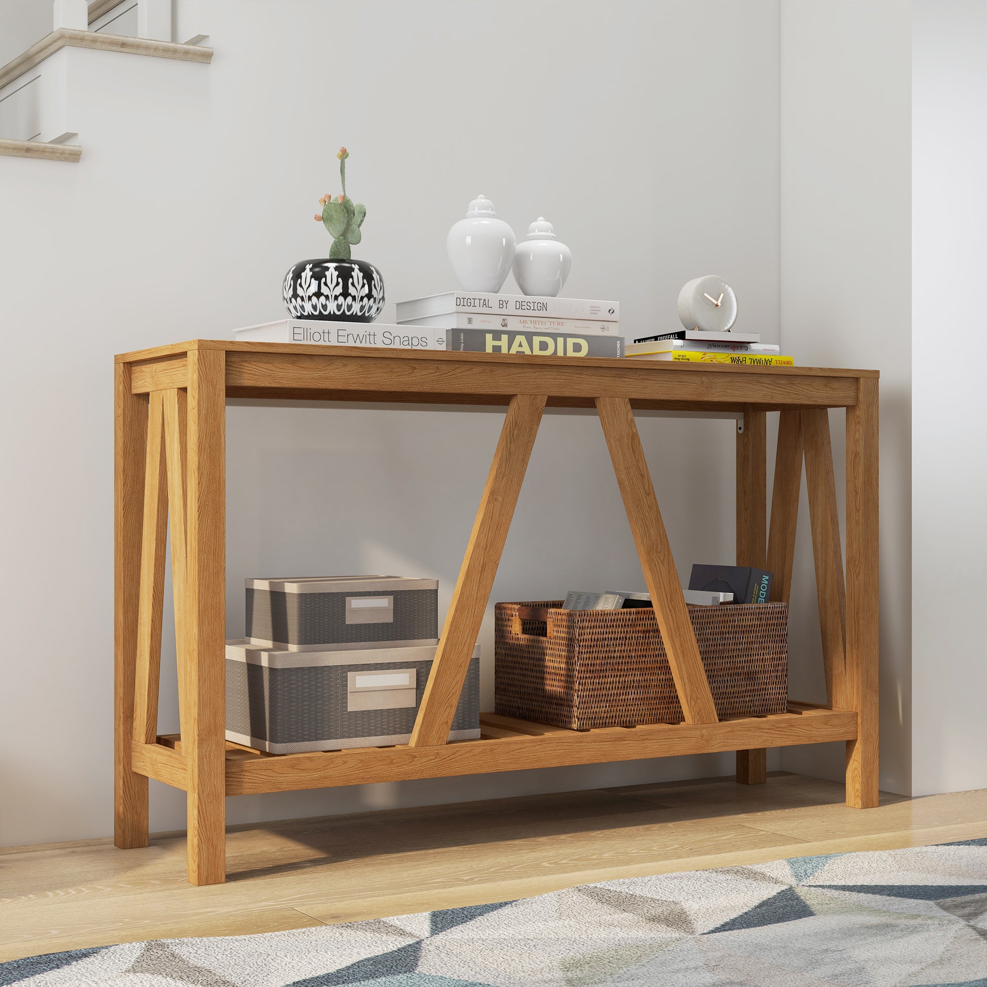 Console Table Farmhouse Entryway Table with Storage Shelf Rustic Sofa Table for Living Room Brown