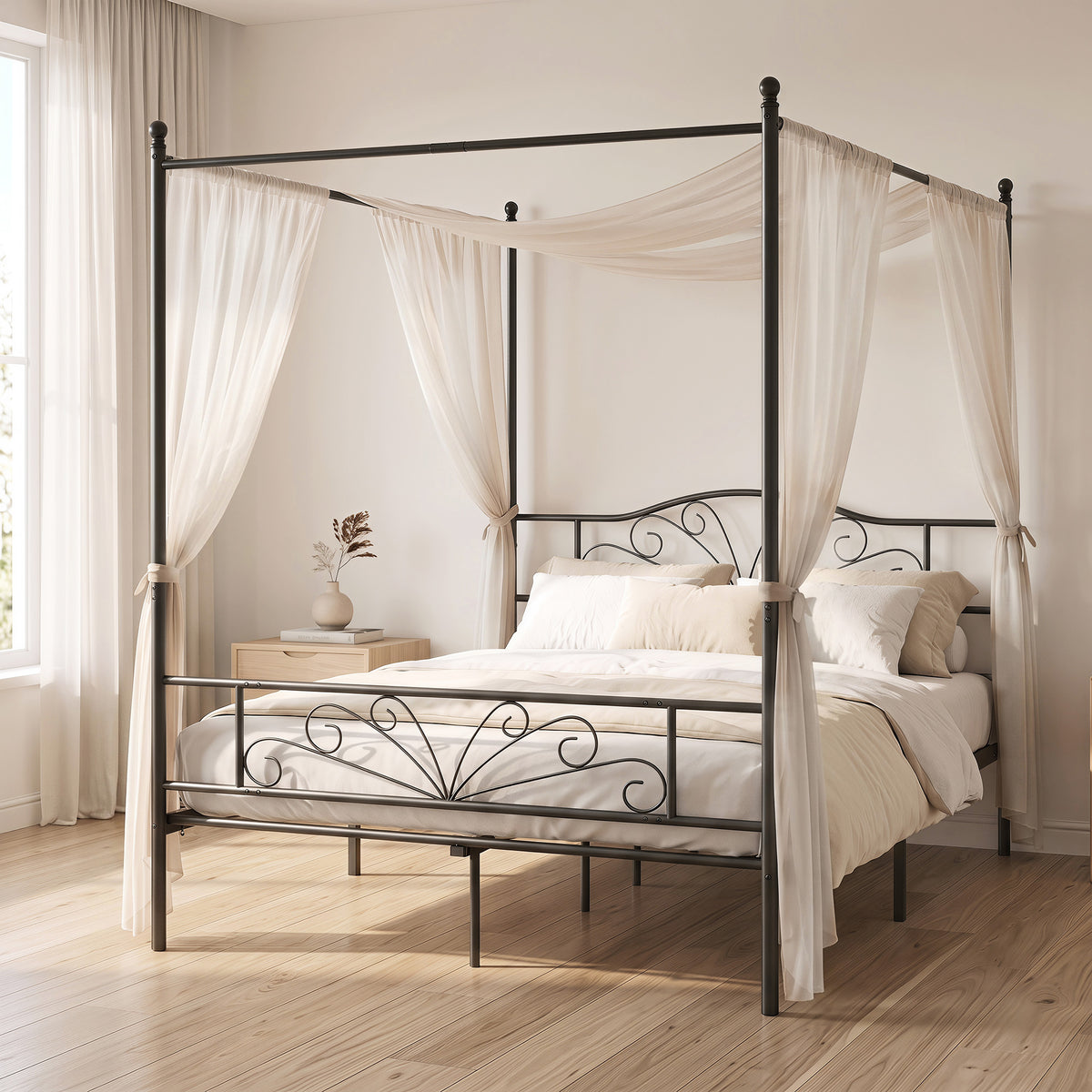 Canopy Bed Frame Double Size, Metal Platform Bed Frame with Headboard and Footboard, Underbed Storage, Heavy Duty Steel Slats Support Mattress Foundation, No Box Spring Needed, Black
