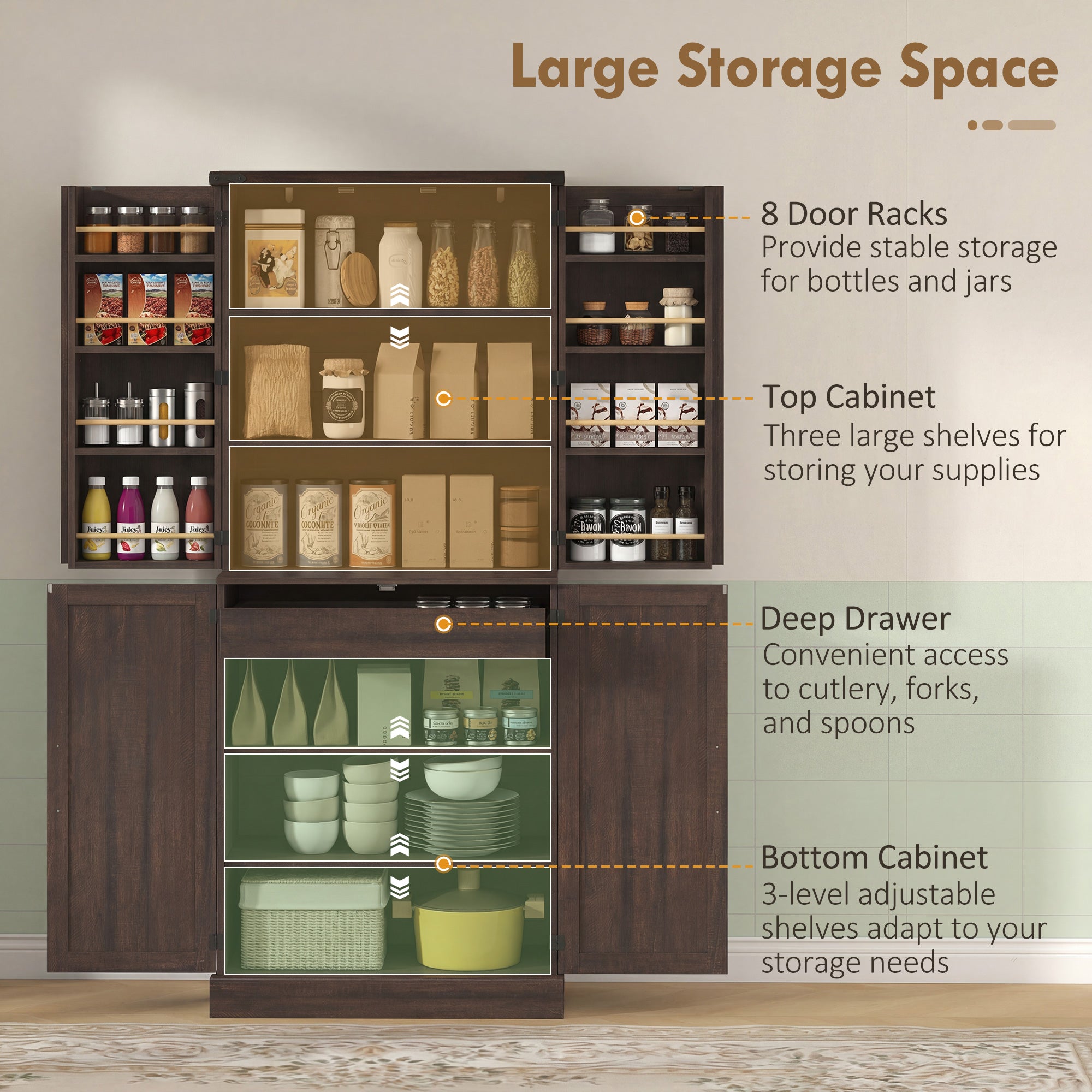 72" Tall Kitchen Pantry Cabinet, Farmhouse Storage Cabinet with 8 Door Racks and Drawer, Freestanding Food Pantry with Adjustable Shelves and Barn Doors, Distressed Brown