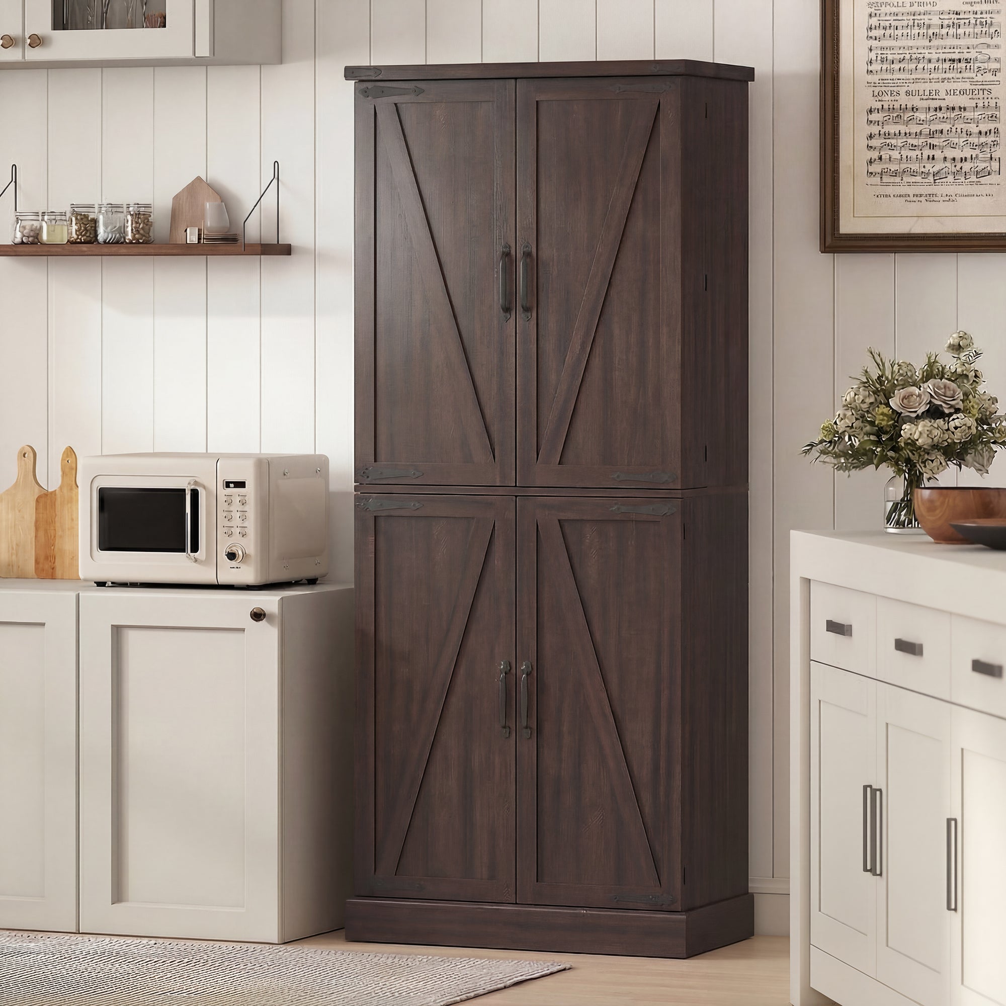 72" Tall Kitchen Pantry Cabinet, Farmhouse Storage Cabinet with 8 Door Racks and Drawer, Freestanding Food Pantry with Adjustable Shelves and Barn Doors, Distressed Brown