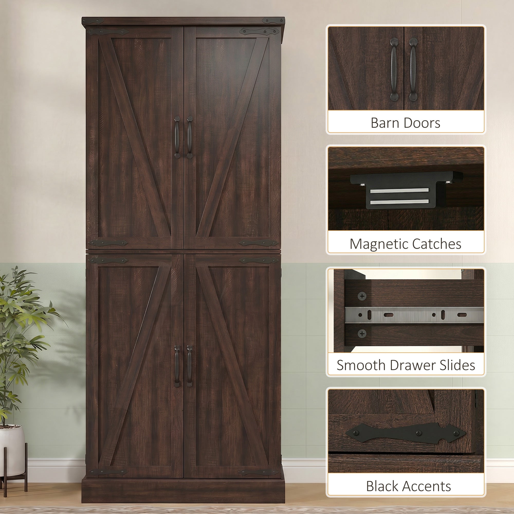 72" Tall Kitchen Pantry Cabinet, Farmhouse Storage Cabinet with 8 Door Racks and Drawer, Freestanding Food Pantry with Adjustable Shelves and Barn Doors, Distressed Brown