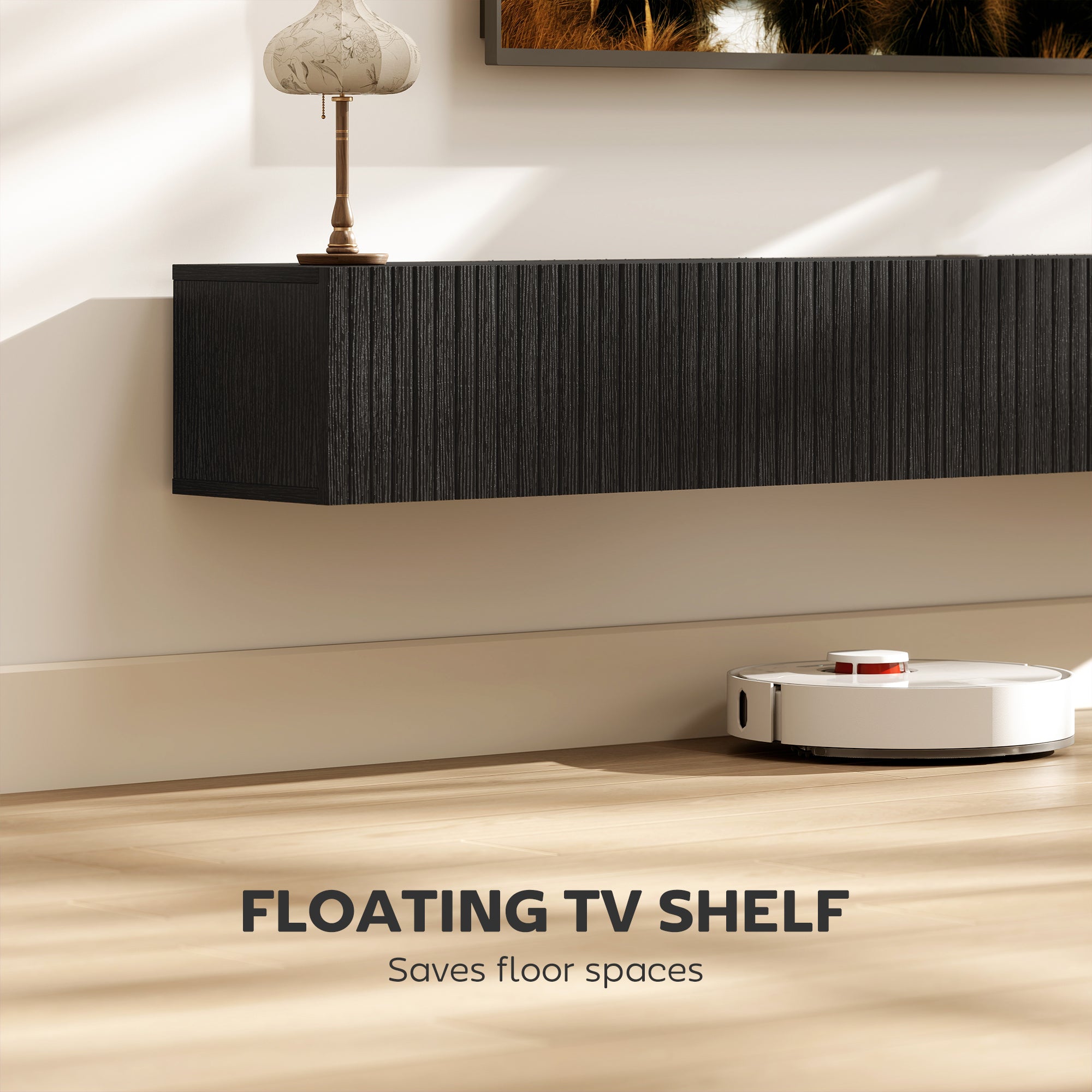 71" Floating TV Stand for TVs up to 72 Inch, Wall Mount Media Console with 2 Fluted Flip-Down Doors, Entertainment Center with Cable Hole for Living Room, Black