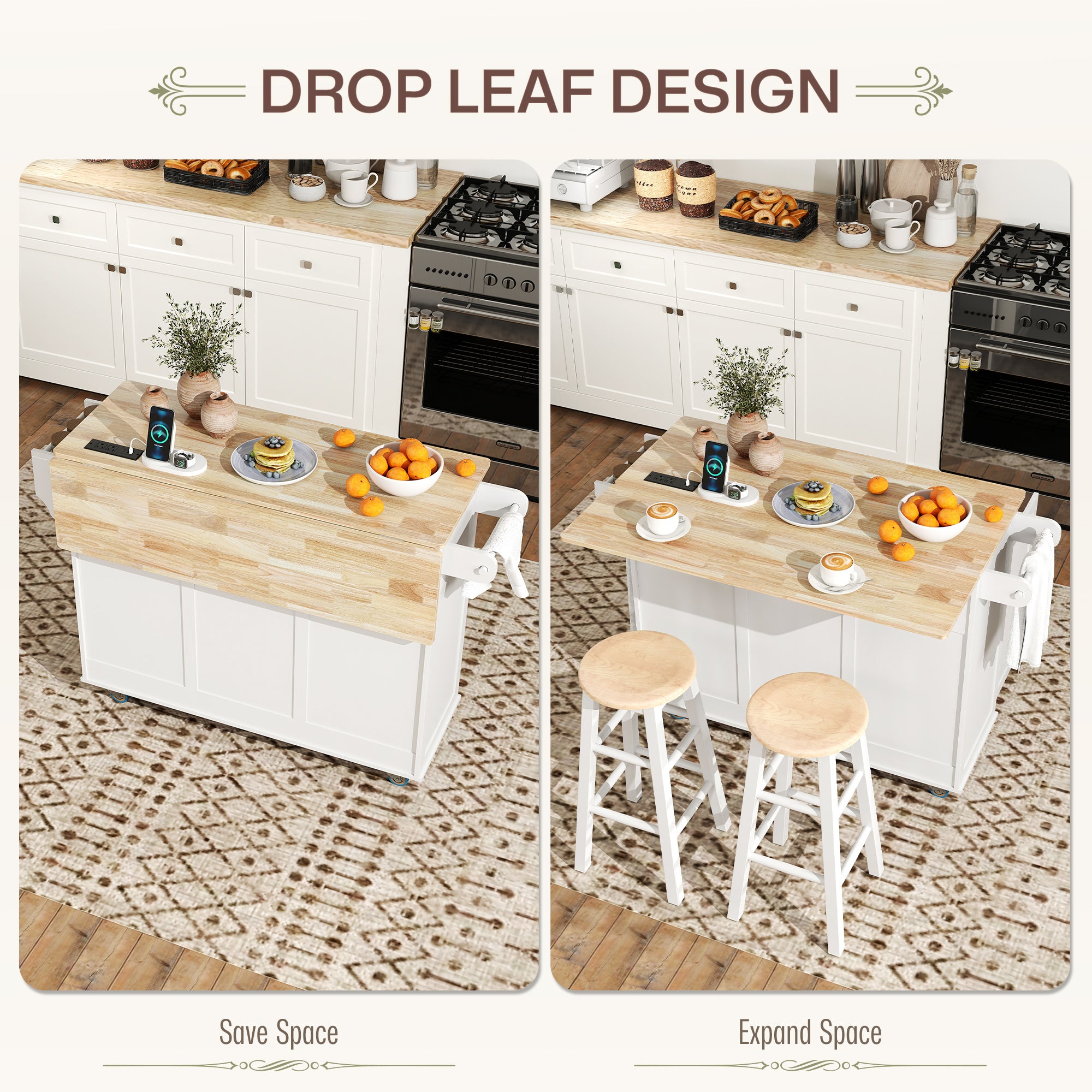 Rolling Kitchen Island with Charging Station and Drop Leaf, 53" Island Table with Wood Top, 3 Drawers, Adjustable Shelf, Spice & Towel Rack, Kitchen Cart on Wheels, White
