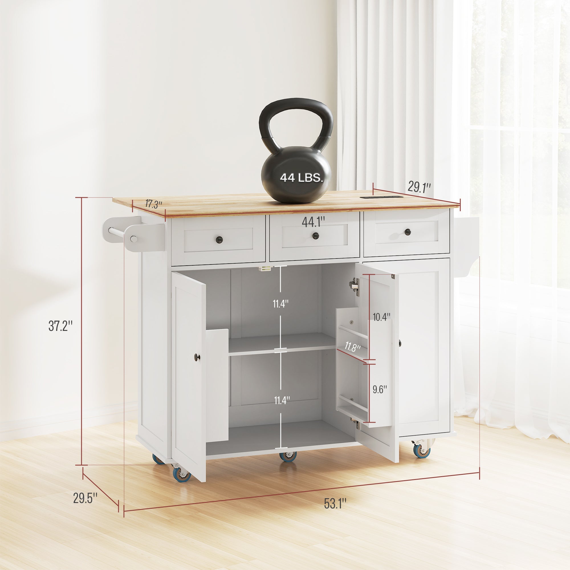 Rolling Kitchen Island with Charging Station and Drop Leaf, 53" Island Table with Wood Top, 3 Drawers, Adjustable Shelf, Spice & Towel Rack, Kitchen Cart on Wheels, White