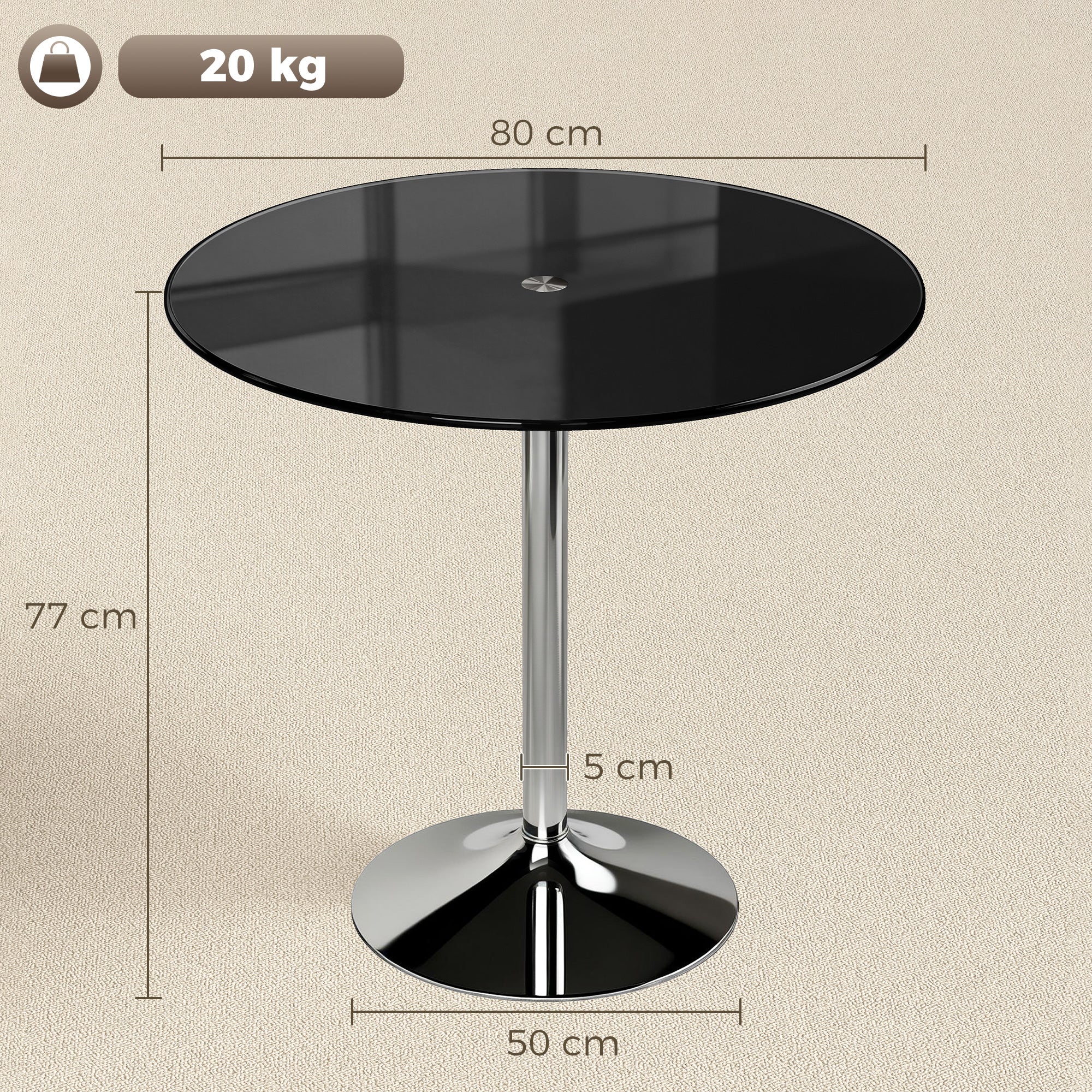 Round Bar Table, Modern Dining Table with Tempered Glass Top and Steel Frame for 4, Easy Assembly for Breakfast Bar, Dining Room, 80 x 80 x 77cm, Black