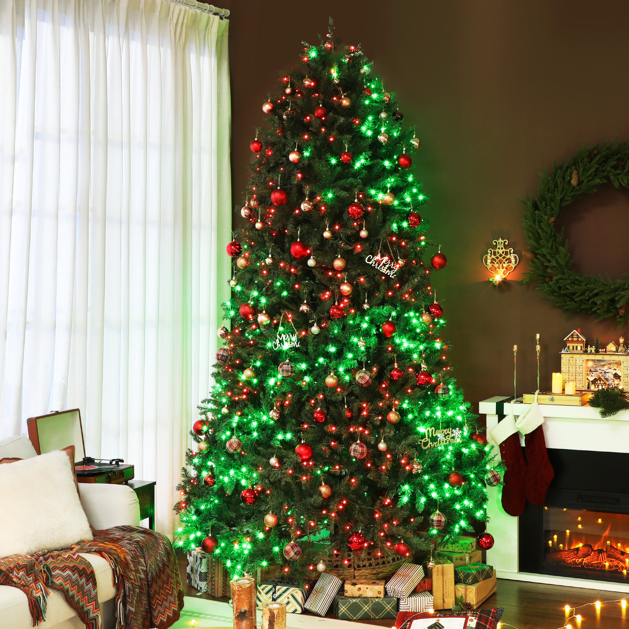 9ft Smart Prelit Christmas Tree with Full-Spectrum RGB Dimmable LEDs, App and Remote Control, Wide Full Hinged Xmas Tree, Easy Assembly, Artificial Holiday Decoration, Green