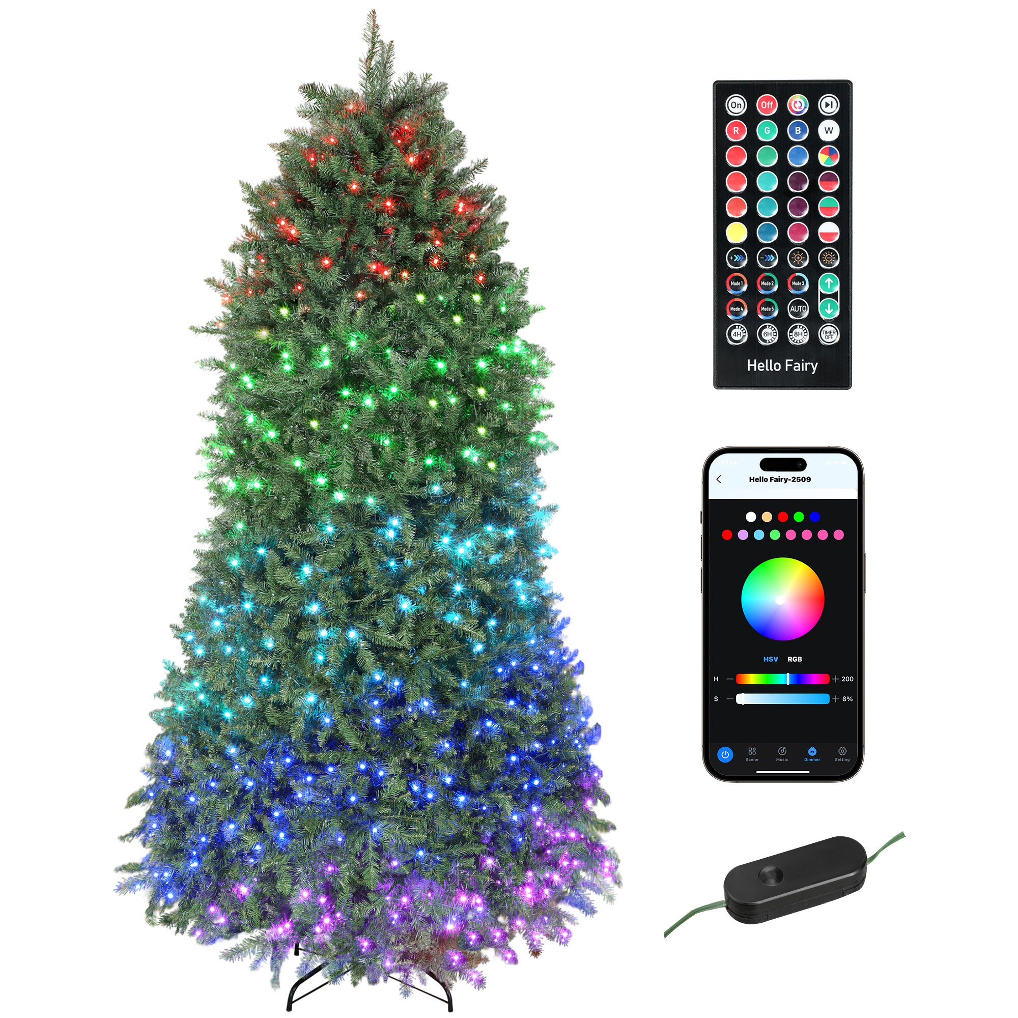 9ft Smart Prelit Christmas Tree with Full-Spectrum RGB Dimmable LEDs, App and Remote Control, Wide Full Hinged Xmas Tree, Easy Assembly, Artificial Holiday Decoration, Green
